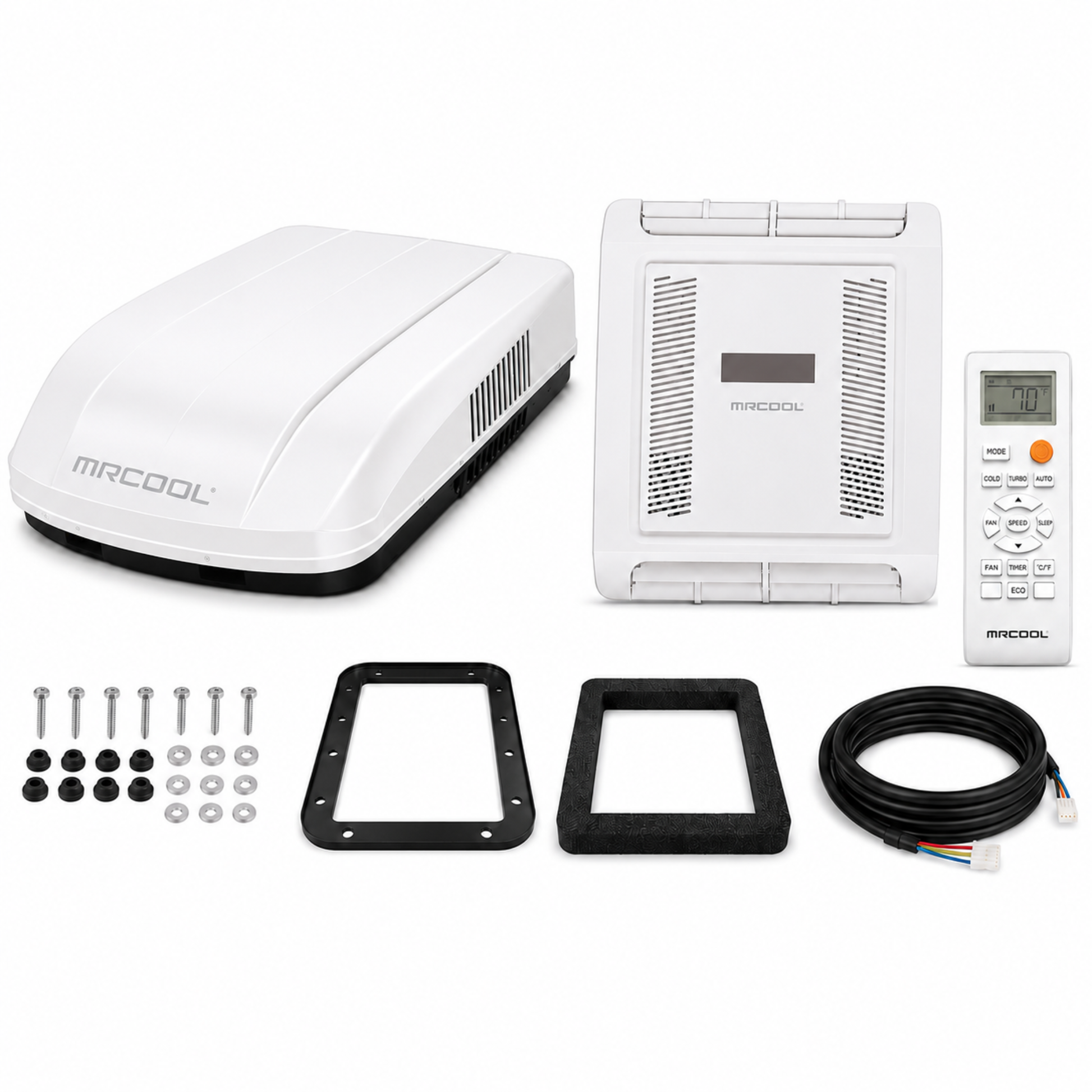 MRCOOL® TravelCool™ 15,000 BTU RV inverter heat pump bundle with white rooftop unit, ductless interior ceiling kit, remote control, installation hardware, and communication cable. 115V WiFi-enabled rooftop air conditioner and heat pump system for RVs, campers, travel trailers, motorhomes, and van conversions (Model MRDHP15WD-LCW).