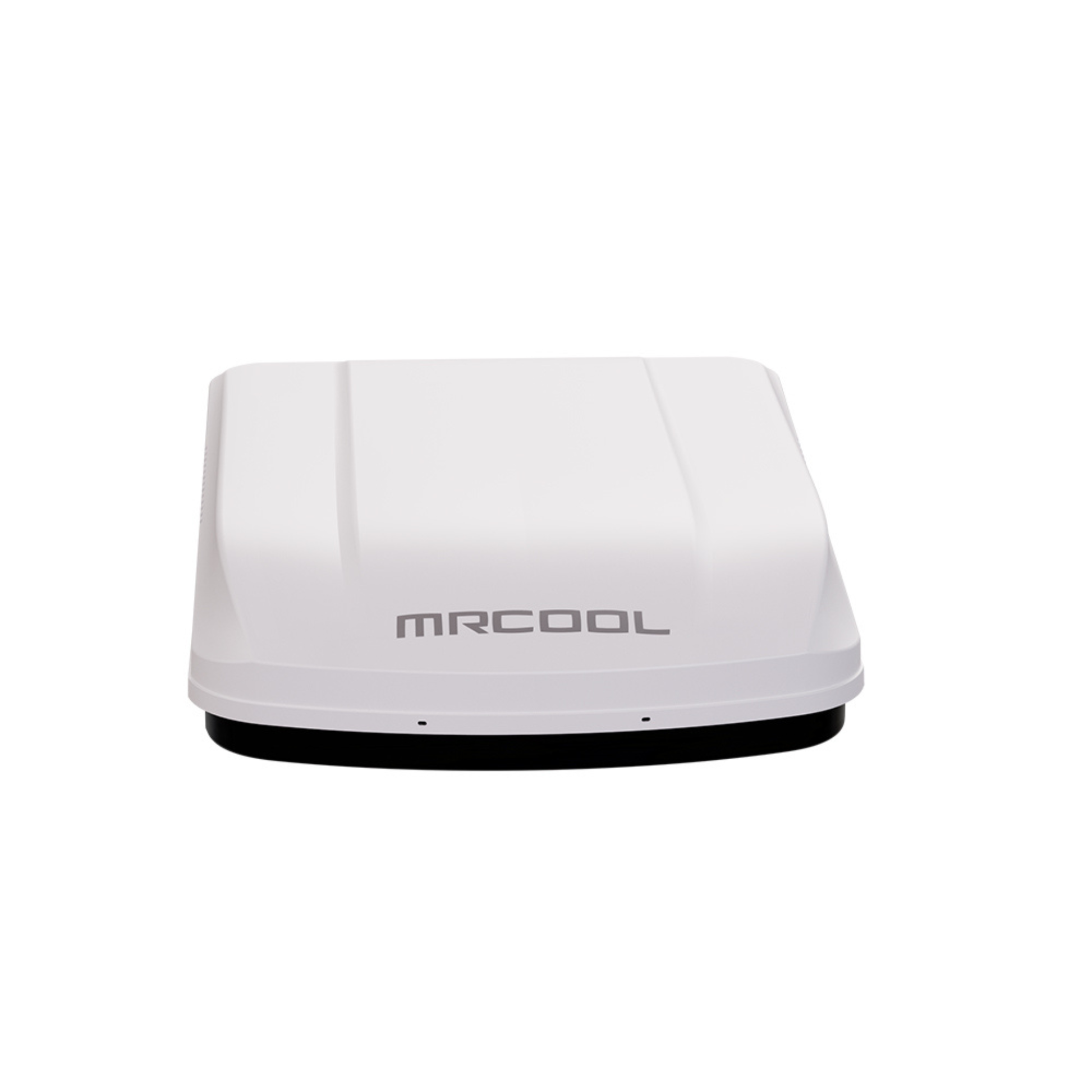 Front view of the MRCOOL TravelCool™ 15,000 BTU RV inverter heat pump rooftop air conditioner featuring a low-profile aerodynamic white housing, 115V WiFi-enabled roof-mounted HVAC system, Model MRDHP15W-D.