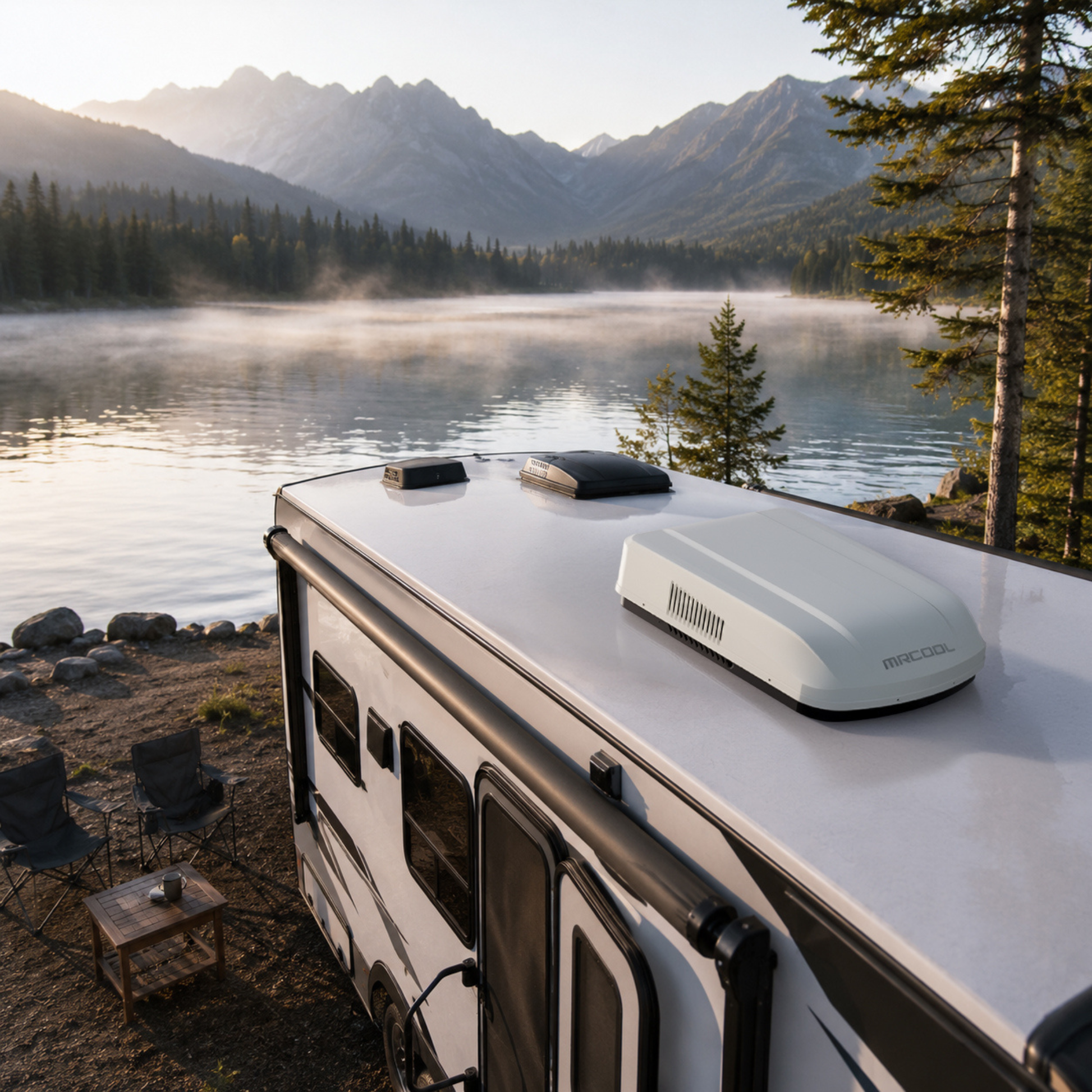 MRCOOL TravelCool™ 15,000 BTU RV inverter heat pump installed on a travel trailer rooftop at a lakeside mountain campground, featuring a low-profile aerodynamic design, quiet inverter technology, 115V operation, and WiFi connectivity, Model MRDHP15W-D.