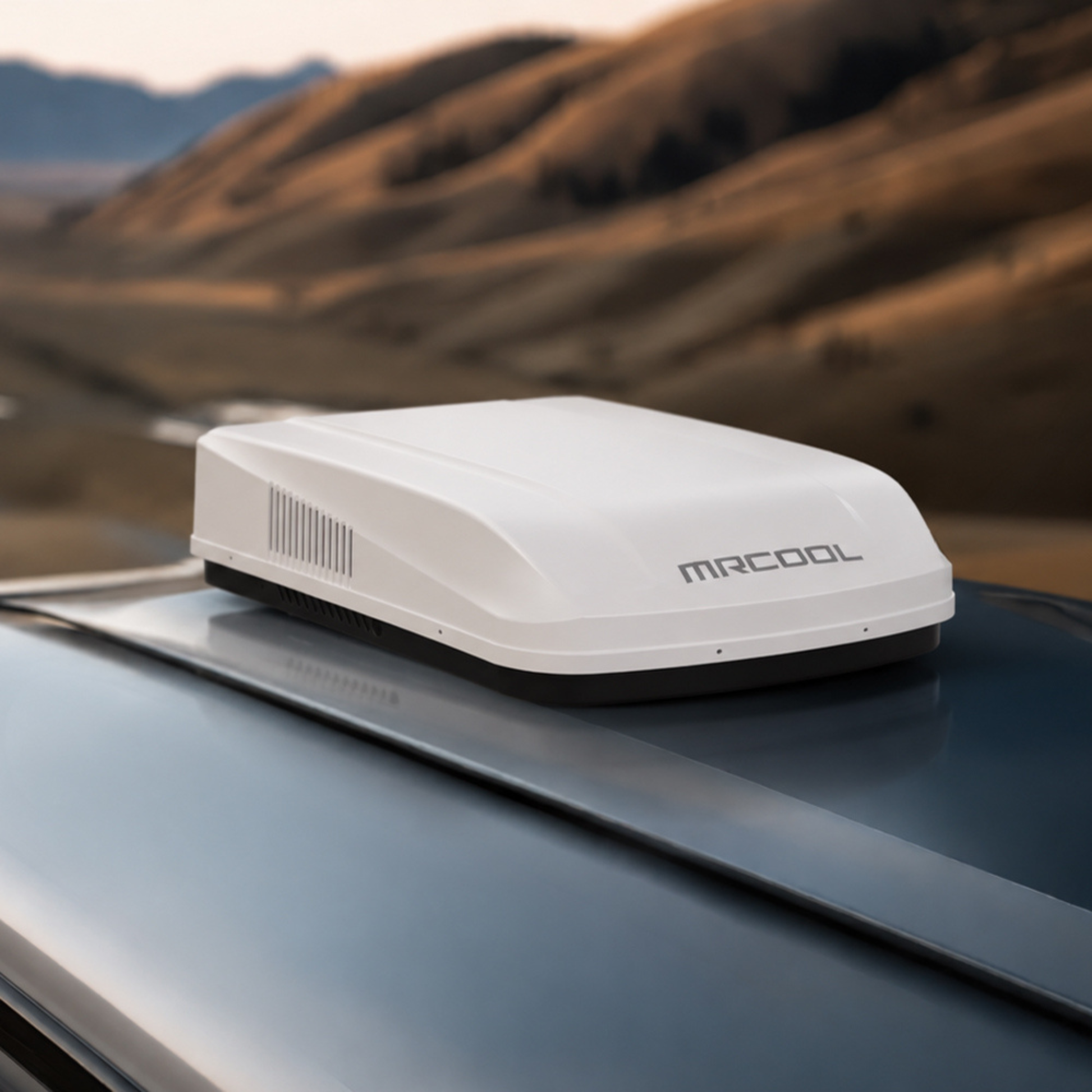 MRCOOL TravelCool™ 15,000 BTU RV inverter heat pump installed on an RV roof, showcasing the low-profile aerodynamic rooftop air conditioner with 115V operation, WiFi connectivity, and quiet inverter technology, Model MRDHP15W-D.