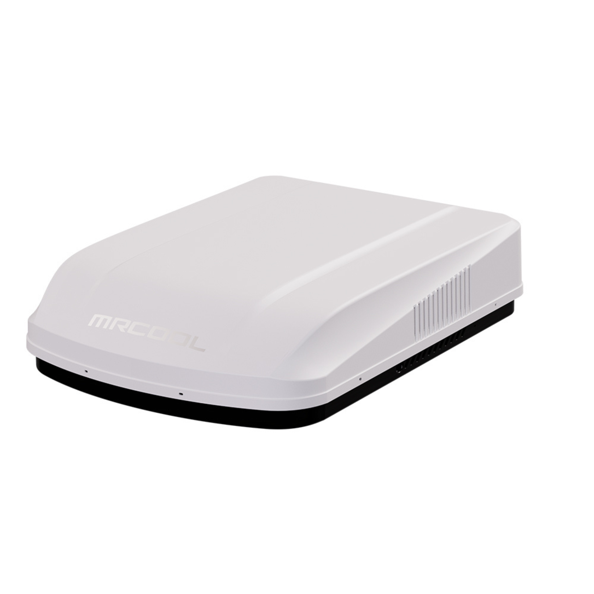 Front left angle of the MRCOOL TravelCool™ 15,000 BTU RV inverter heat pump rooftop air conditioner featuring a low-profile aerodynamic white housing, 115V WiFi-enabled roof-mounted HVAC system, Model MRDHP15W-D.