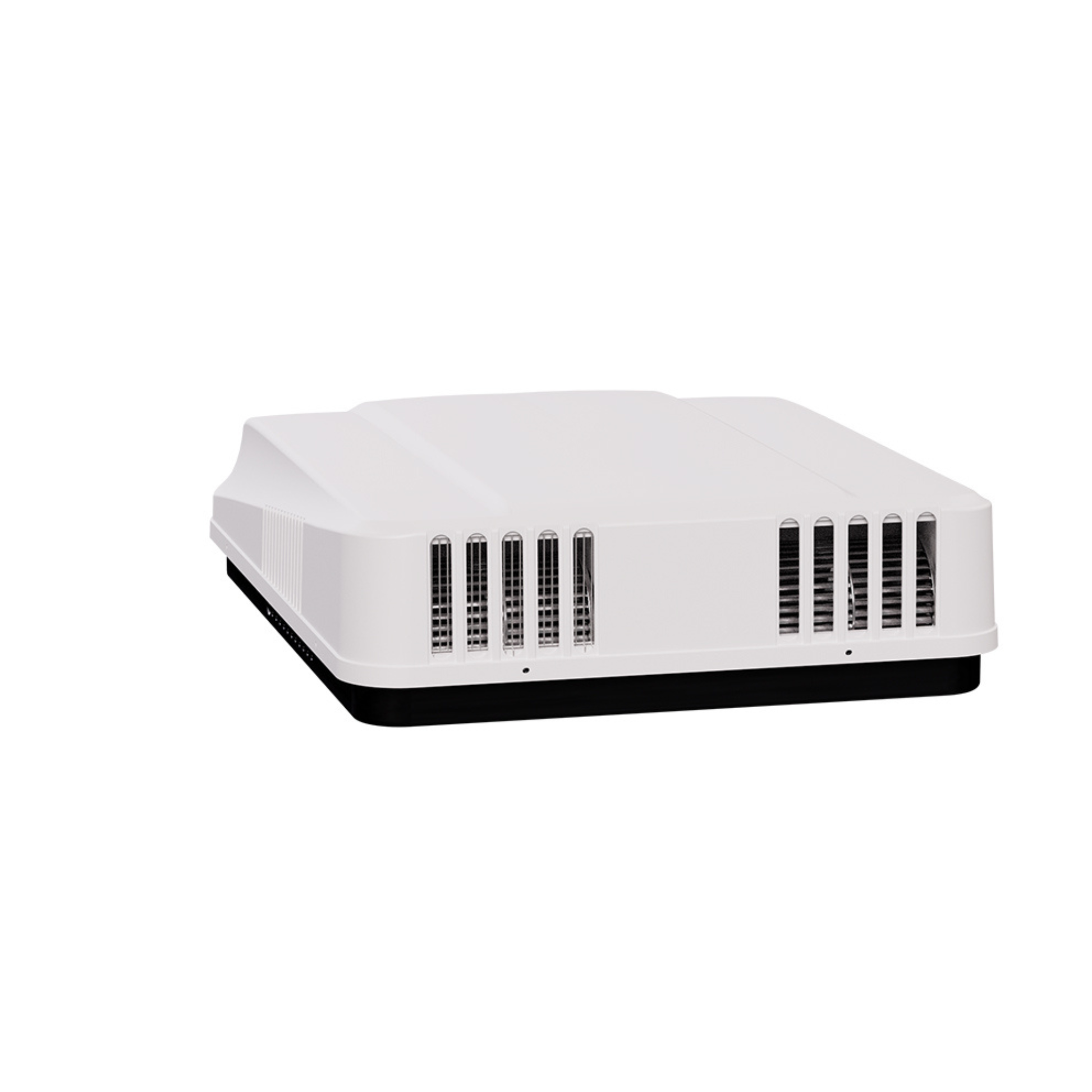 Rear vent view of the MRCOOL TravelCool™ 15,000 BTU RV inverter heat pump rooftop air conditioner showing the low-profile aerodynamic housing and rear airflow ventilation, 115V WiFi-enabled roof-mounted HVAC system, Model MRDHP15W-D.