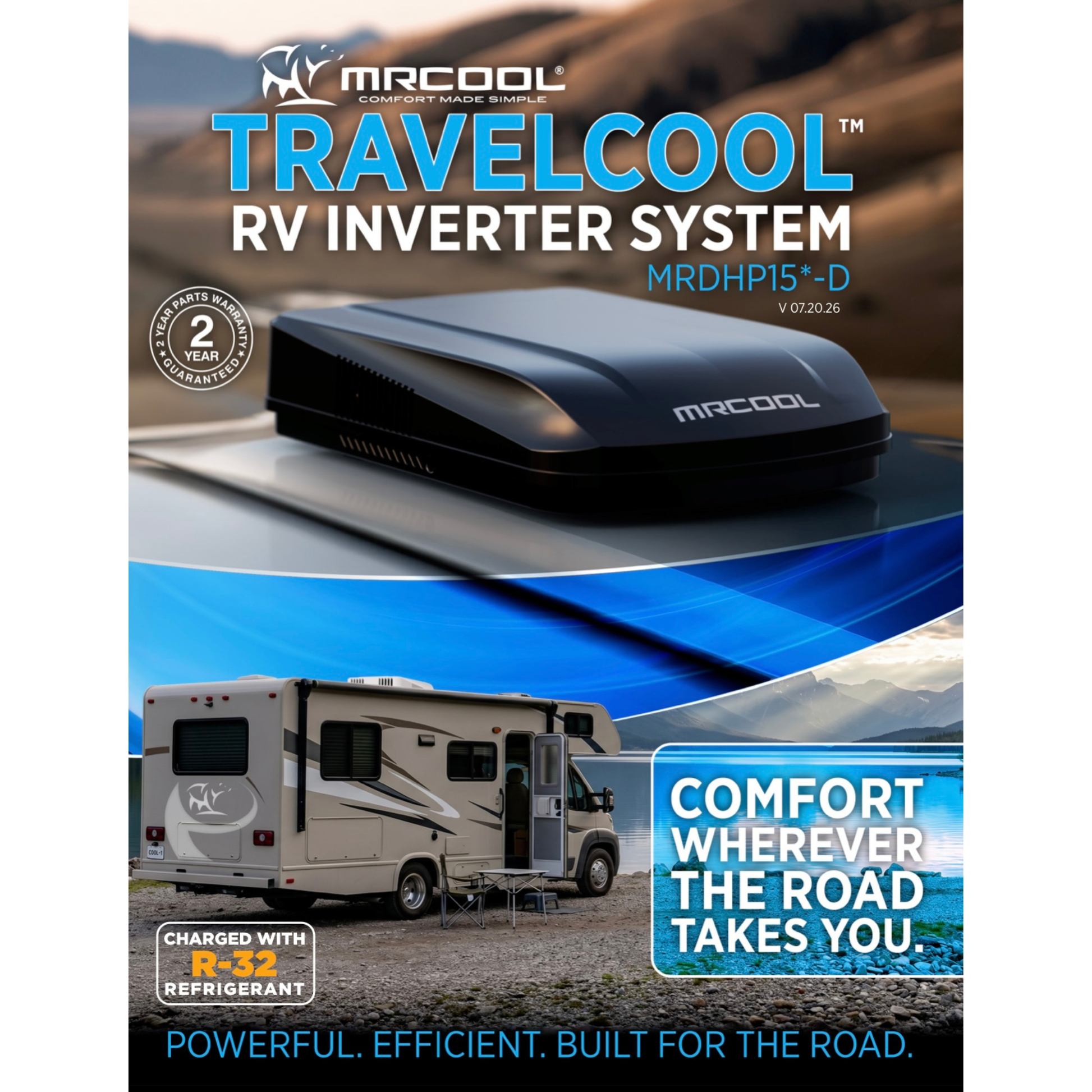 MRCOOL® TravelCool™ 15,000 BTU RV Inverter Heat Pump rooftop system in black (Model MRDHP15K-D) featuring variable-speed inverter technology, R-32 refrigerant, built-in WiFi, quiet operation, and residential-style heating and cooling for campers, motorhomes, fifth wheels, travel trailers, van conversions, and RVs. TravelCool™ delivers powerful, energy-efficient comfort wherever the road takes you.