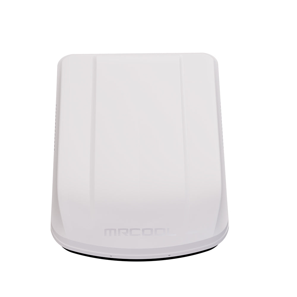 Top view of the MRCOOL TravelCool™ 15,000 BTU RV inverter heat pump rooftop air conditioner featuring a low-profile aerodynamic white roof-mounted design, 115V WiFi-enabled HVAC system, Model MRDHP15W-D.