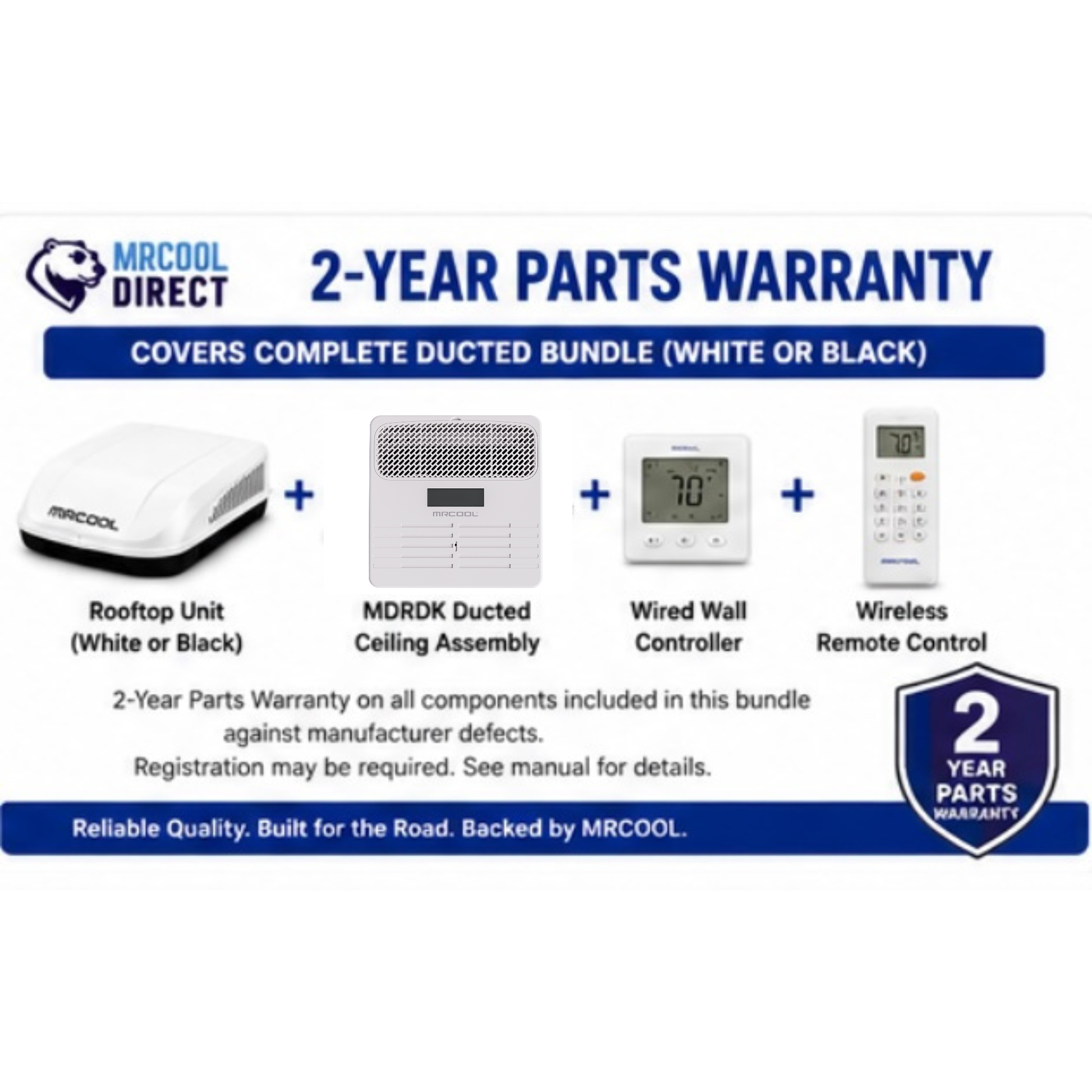 MRCOOL TravelCool 15,000 BTU ducted RV inverter heat pump bundle 2-year parts warranty infographic showing rooftop unit (white or black), MDRDK ducted ceiling assembly, wired wall controller, wireless remote control, and manufacturer warranty coverage for complete RV HVAC system components.