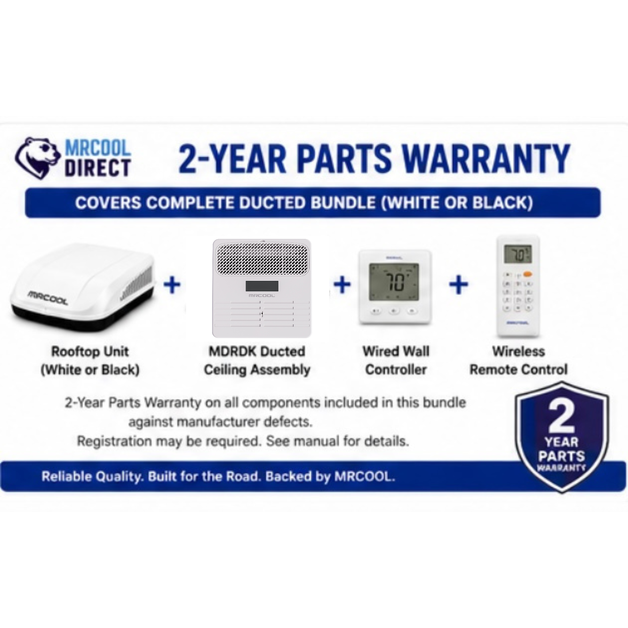 MRCOOL TravelCool 15,000 BTU ducted RV inverter heat pump bundle 2-year parts warranty infographic showing rooftop unit (white or black), MDRDK ducted ceiling assembly, wired wall controller, wireless remote control, and manufacturer warranty coverage for complete RV HVAC system components.