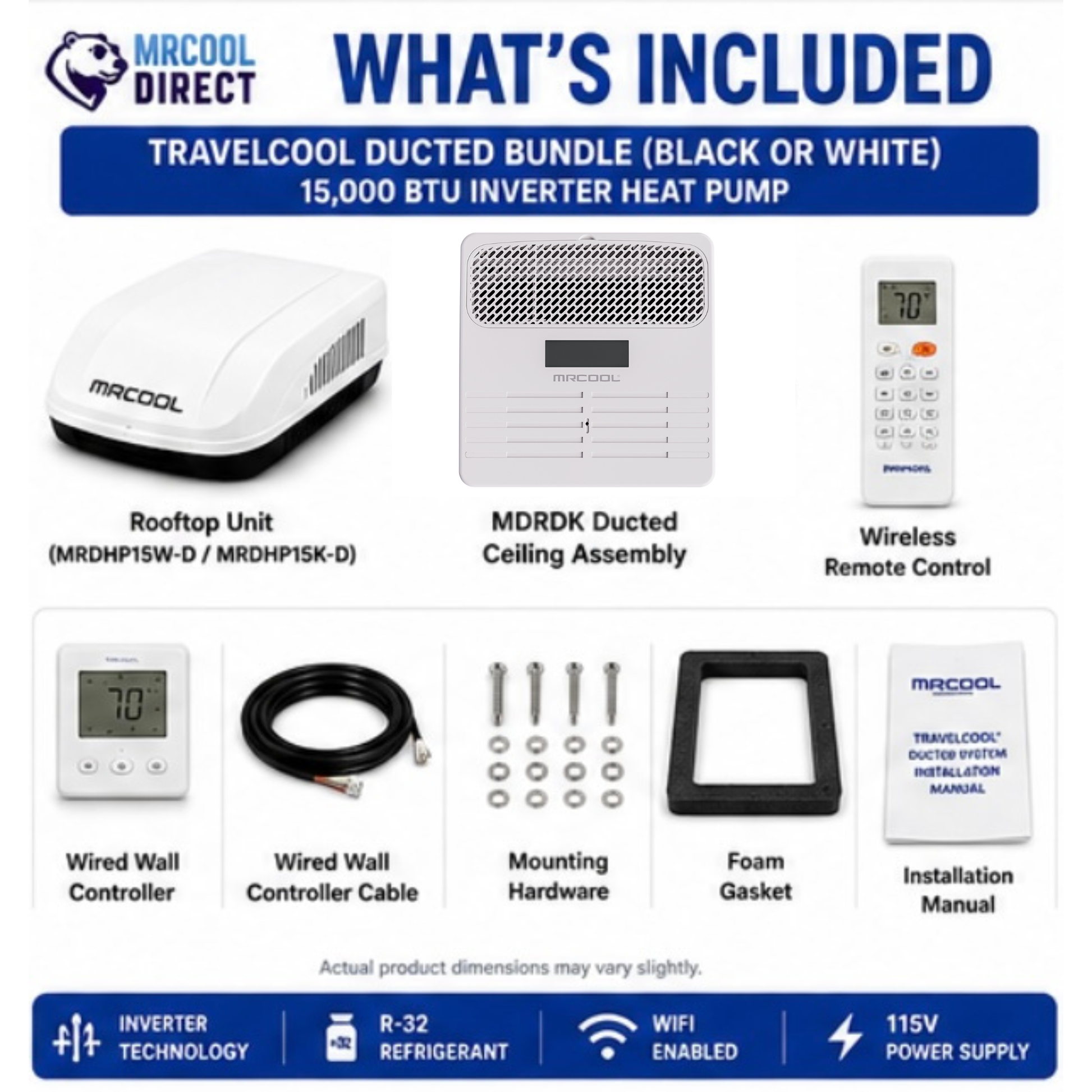 MRCOOL TravelCool 15,000 BTU ducted RV inverter heat pump bundle contents showing rooftop unit (white or black), MDRDK ducted ceiling assembly, wireless remote control, wired wall controller, 25-foot wired wall controller cable, mounting hardware, foam gasket, installation manual, 115V power supply, WiFi enabled, R-32 refrigerant, and inverter technology for RV air conditioner installation.