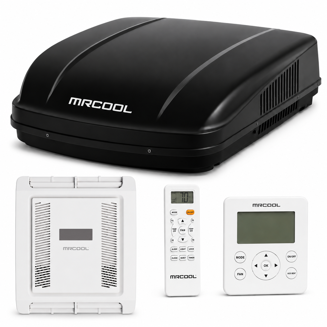 MRCOOL TravelCool black 15,000 BTU RV inverter heat pump ducted system with rooftop unit, ducted air distribution box, wireless remote and wired controller. MRDHP15KD-LCW