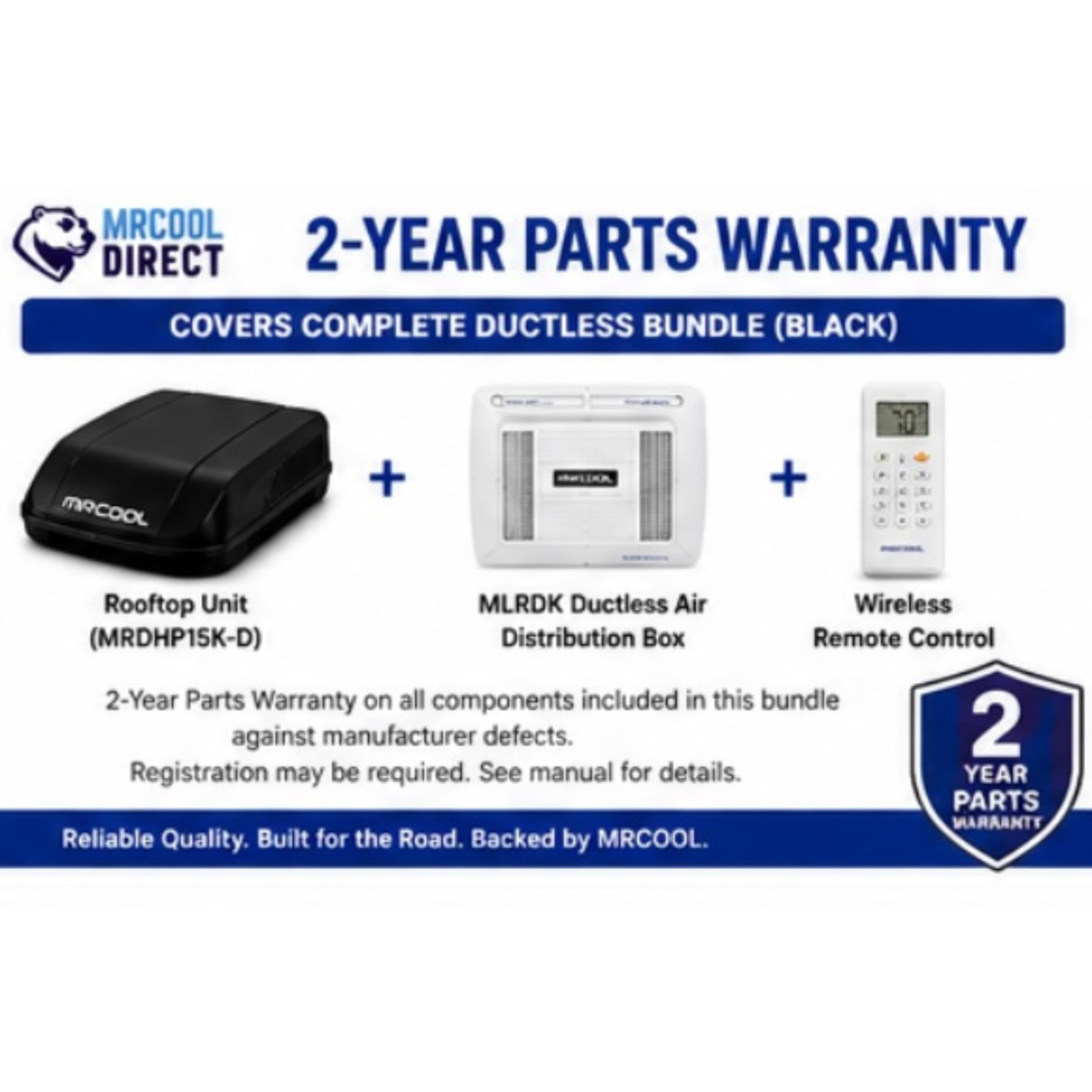 MRCOOL TravelCool black ductless RV bundle 2-year parts warranty infographic featuring the black 15,000 BTU inverter rooftop heat pump (MRDHP15K-D), MLRDK ductless air distribution box, wireless remote control, and manufacturer-backed 2-year parts warranty coverage for the complete bundle.