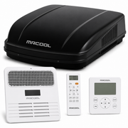 MRCOOL TravelCool Black Ductless RV Inverter Heat Pump Complete Bundle MRDHP15KD-LCW featuring a 15,000 BTU black rooftop unit, MLRDK ductless air distribution box, wireless remote, and wired wall controller for RVs, campers, motorhomes, fifth wheels, and travel trailers.