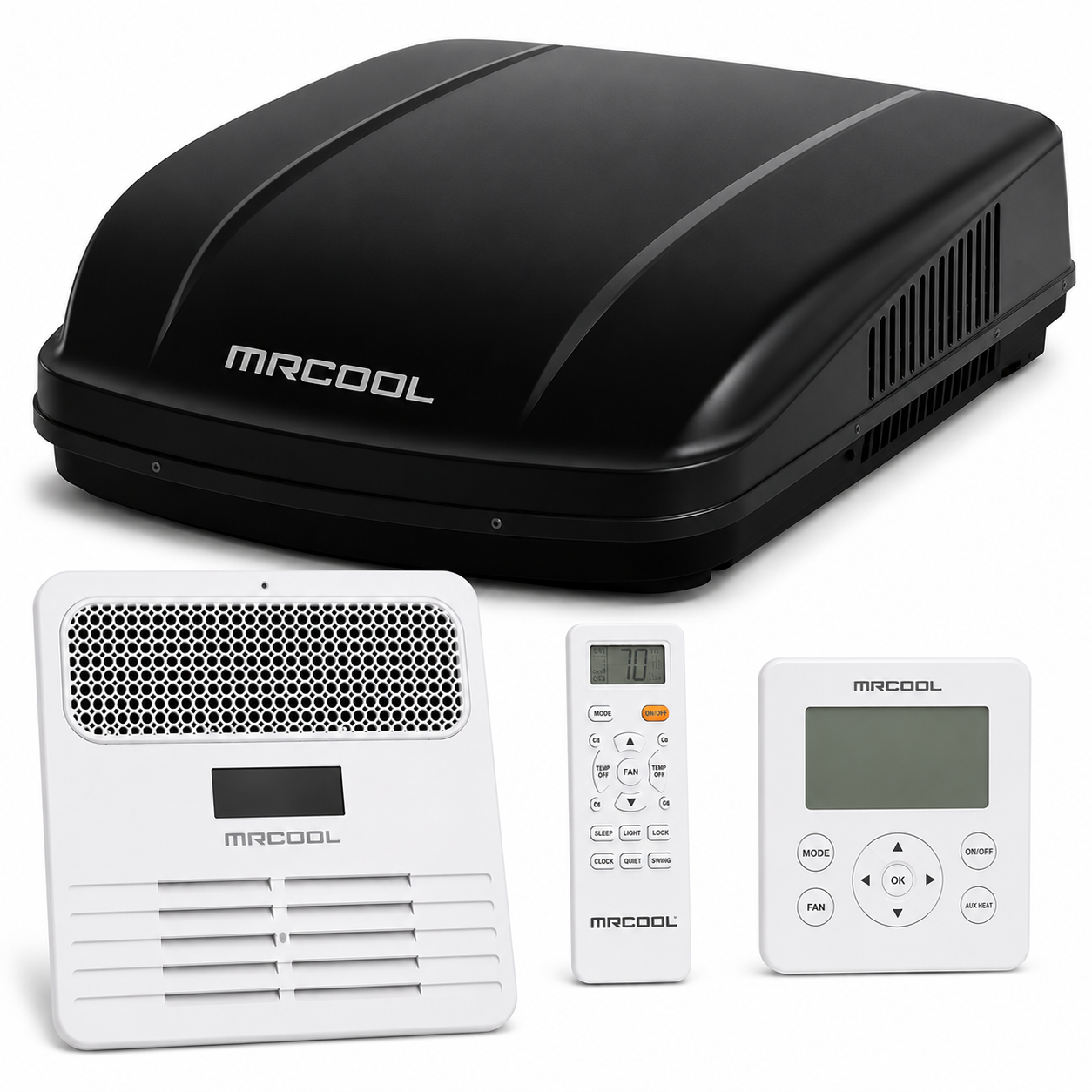MRCOOL TravelCool Black Ductless RV Inverter Heat Pump Complete Bundle MRDHP15KD-LCW featuring a 15,000 BTU black rooftop unit, MLRDK ductless air distribution box, wireless remote, and wired wall controller for RVs, campers, motorhomes, fifth wheels, and travel trailers.