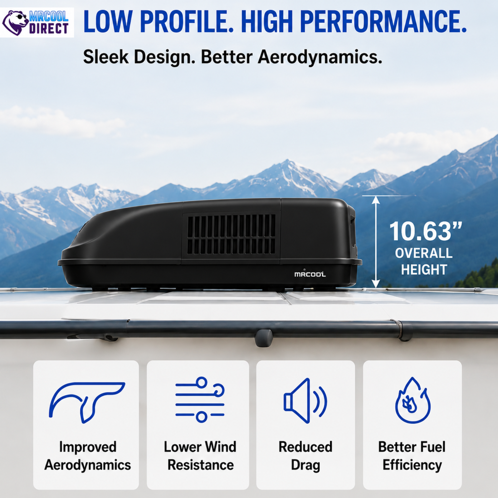 A black Micool low-profile roof air conditioner shown on top of a vehicle with mountains in the background. The image includes marketing text and four feature icons at the bottom highlighting improved aerodynamics, lower wind resistance, reduced drag, and better fuel efficiency.