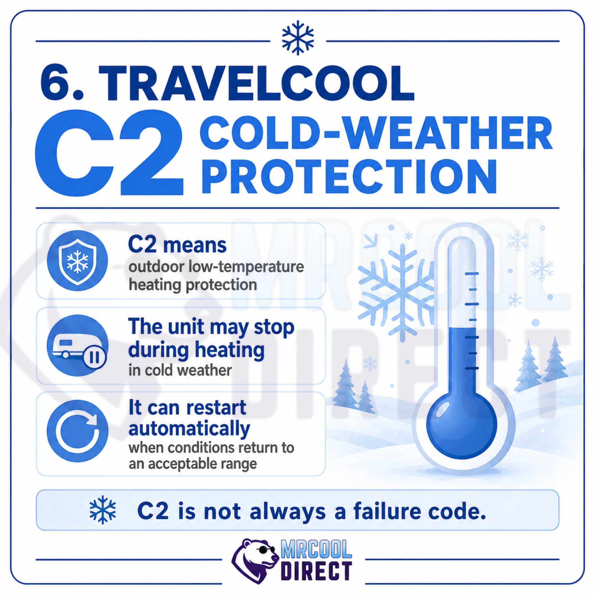 MRCOOL® TravelCool™ C2 cold-weather protection infographic explaining outdoor low-temperature heating protection, temporary heating shutdown, automatic restart when conditions return to an acceptable range, and that C2 may indicate protective operation rather than a system failure.