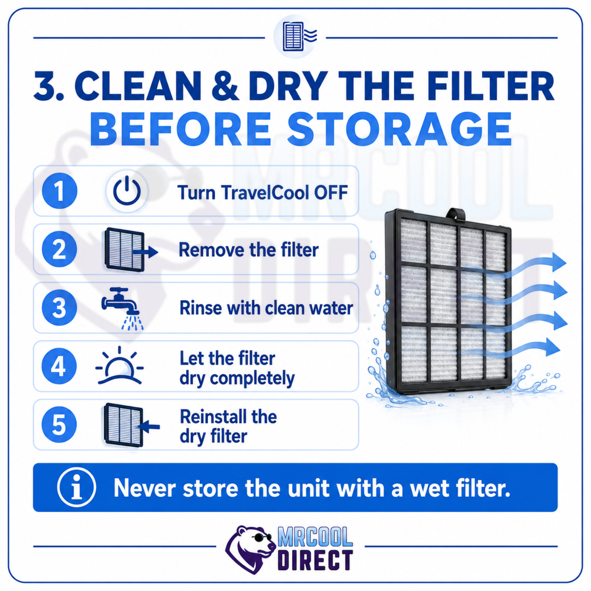 MRCOOL® TravelCool™ winter storage filter cleaning infographic showing how to turn the unit off, remove the filter, rinse it with clean water, allow it to dry completely, and reinstall the dry filter before RV off-season storage.