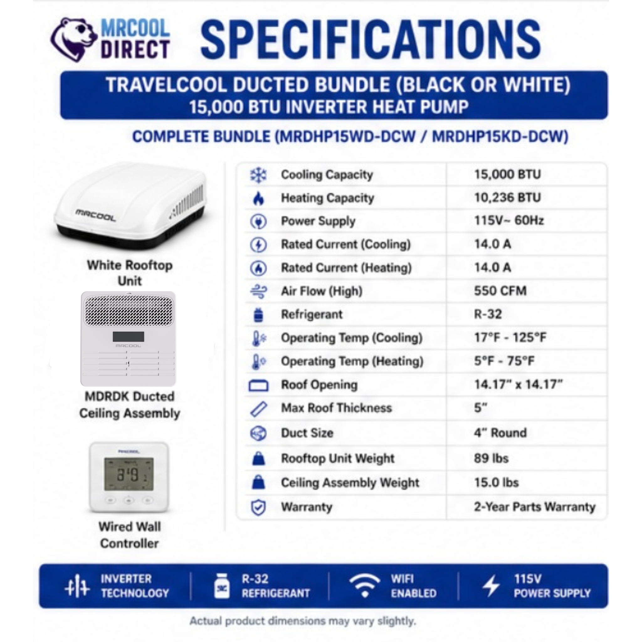 MRCOOL TravelCool 15,000 BTU inverter heat pump ducted RV bundle specifications infographic featuring black or white rooftop unit (MRDHP15K-D / MRDHP15W-D), MDRDK ducted ceiling assembly, wired wall controller, 115V power supply, 550 CFM airflow, R-32 refrigerant, 14.17-inch by 14.17-inch roof opening, 4-inch round duct connections, operating temperature range, dimensions, weights, WiFi capability, and 2-year parts warranty.