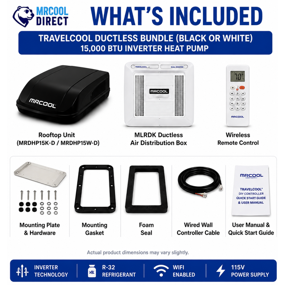 MRCOOL TravelCool 15,000 BTU inverter heat pump ductless RV bundle what’s included infographic showing available black or white rooftop unit (MRDHP15K-D / MRDHP15W-D), MLRDK ductless air distribution box, wireless remote control, mounting plate and hardware, mounting gasket, foam seal, wired wall controller cable, user manual, WiFi-enabled R-32 inverter technology, and 115V power supply.