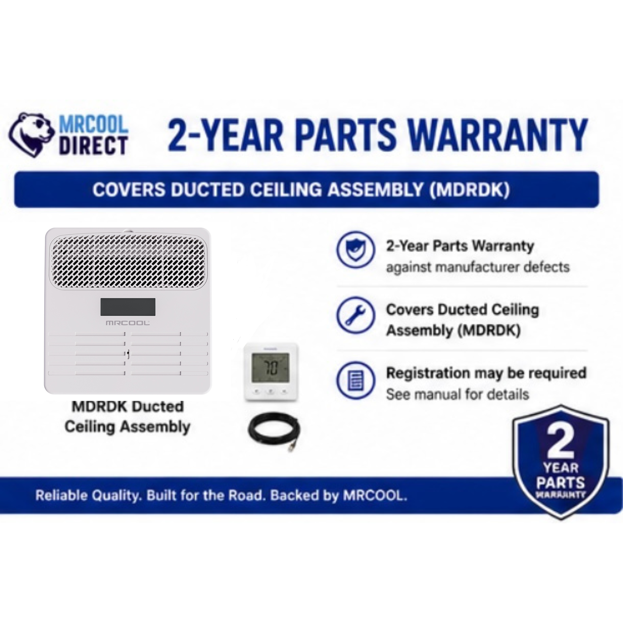 MRCOOL TravelCool MDRDK ducted ceiling assembly 2-year parts warranty infographic showing manufacturer warranty coverage for the MDRDK ducted air distribution box, wired wall controller, 25-foot controller cable, and protection against manufacturing defects for RV ducted inverter heat pump systems.