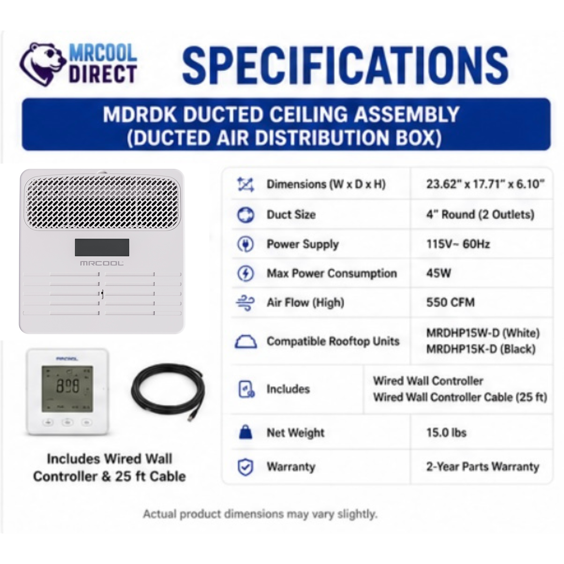 MRCOOL TravelCool MDRDK ducted ceiling assembly specifications showing dimensions 23.62 x 17.71 x 6.10 inches, dual 4-inch round duct outlets, 115V power supply, 45W maximum power consumption, 550 CFM airflow, wired wall controller with 25-foot cable, compatible with MRDHP15W-D and MRDHP15K-D rooftop inverter heat pump units, 2-year parts warranty.