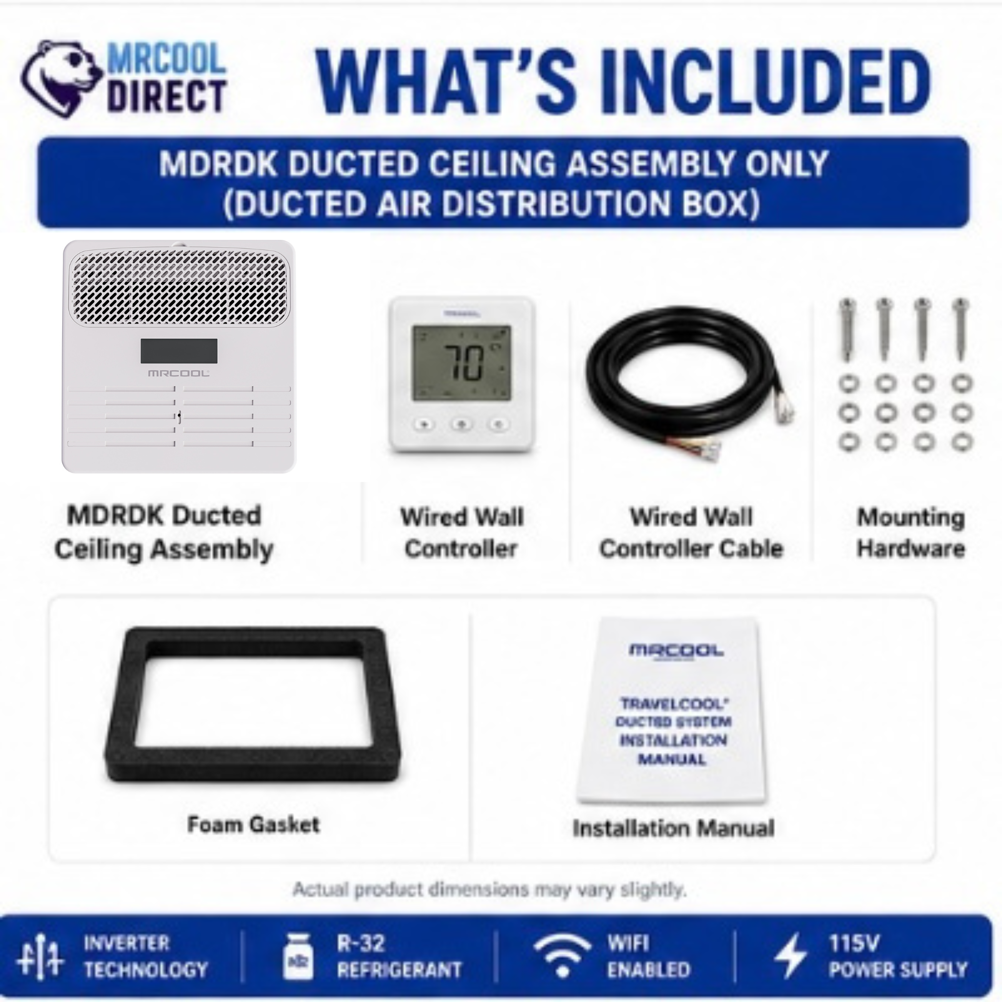 MRCOOL TravelCool MDRDK ducted ceiling assembly kit contents showing ducted air distribution box, wired wall controller, 25-foot wired wall controller cable, mounting hardware, foam gasket, installation manual, 115V power supply, WiFi enabled, R-32 refrigerant compatibility, and inverter technology for RV ducted rooftop air conditioner systems.