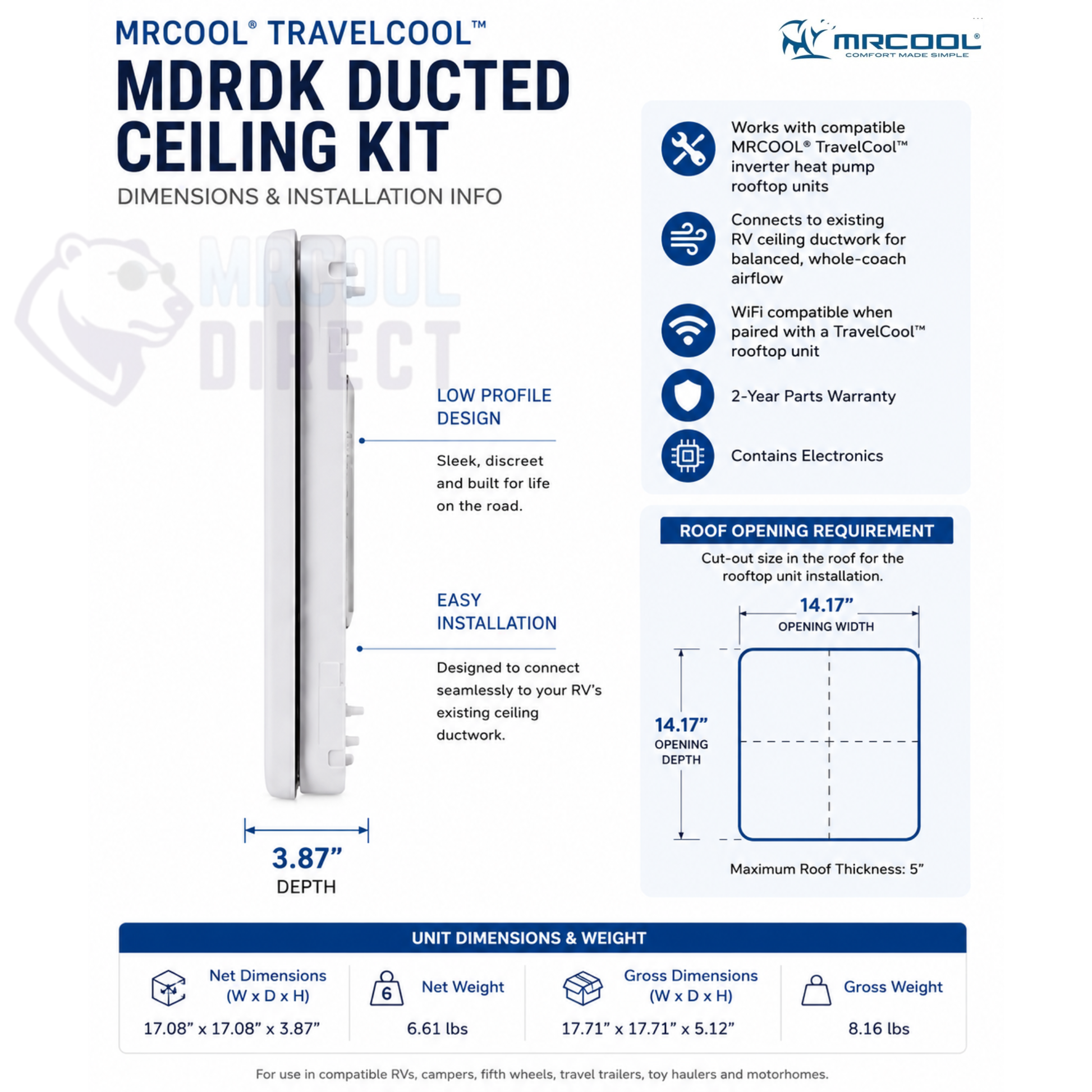 MRCOOL® TravelCool™ MDRDK RV Inverter Ducted Ceiling Kit installation guide showing the 3.87-inch low-profile depth, required 14.17-inch × 14.17-inch roof opening, maximum 5-inch roof thickness, net dimensions (17.08 × 17.08 × 3.87 inches), shipping dimensions, weight, WiFi compatibility, and OEM compatibility with MRCOOL® TravelCool™ 15,000 BTU rooftop inverter heat pump systems for RVs, campers, motorhomes, fifth wheels, toy haulers, and travel trailers.