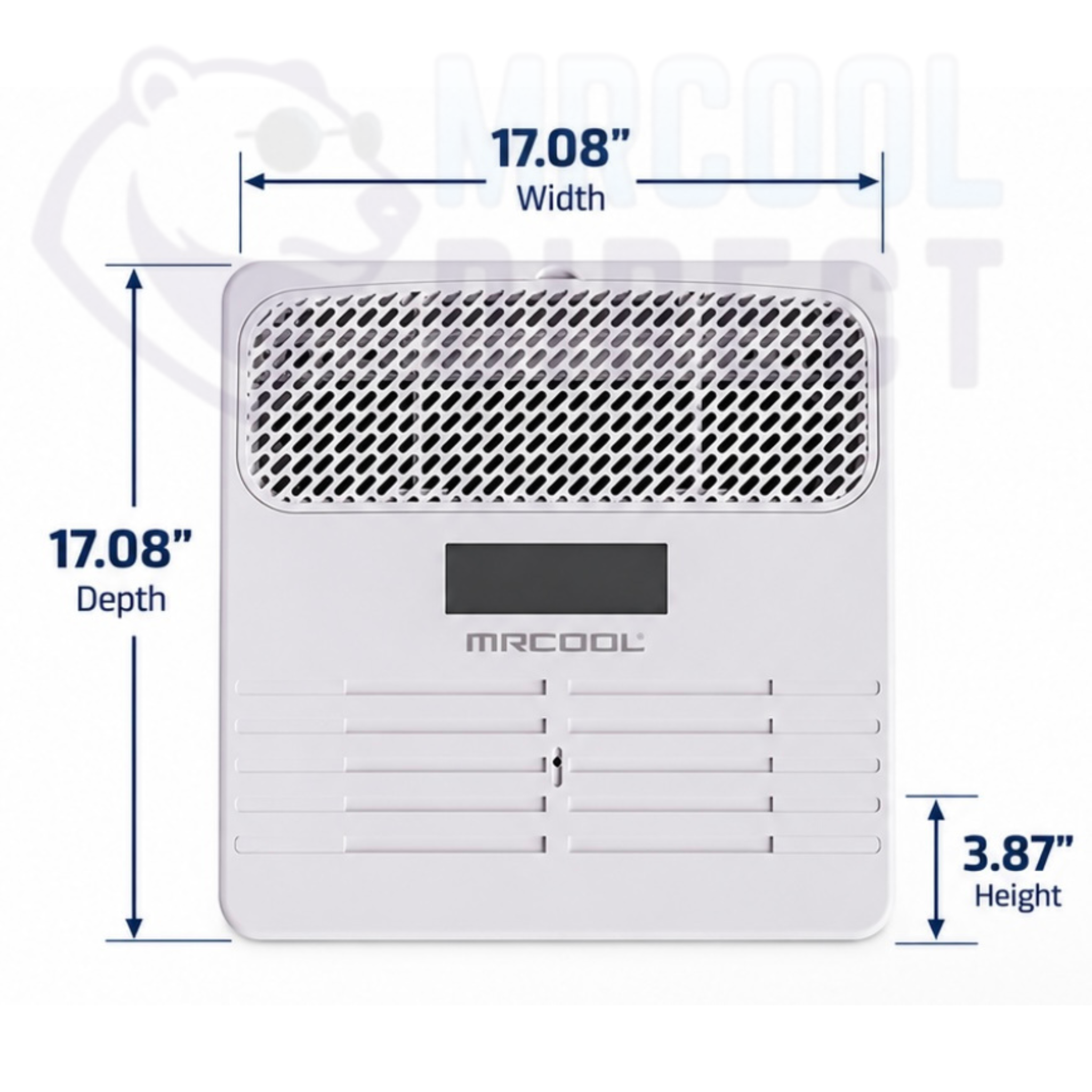 Front view of the MRCOOL® TravelCool™ MDRDK RV Inverter Ducted Ceiling Kit showing overall dimensions of 17.08-inch width, 17.08-inch depth, and 3.87-inch height. Genuine OEM interior ducted ceiling assembly for compatible MRCOOL® TravelCool™ 15,000 BTU RV inverter heat pump systems, designed for RV ceiling ductwork in motorhomes, campers, fifth wheels, toy haulers, and travel trailers.