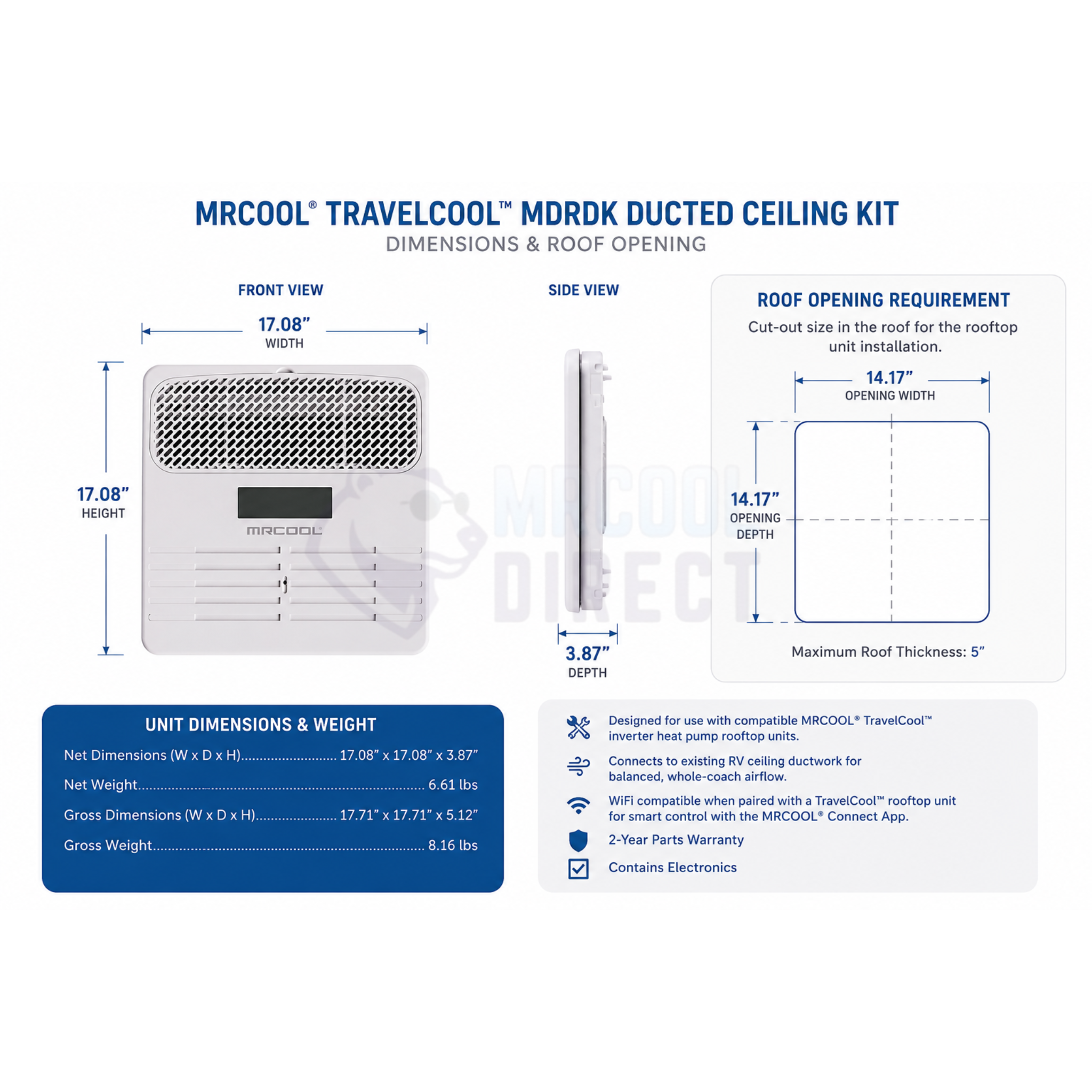 MRCOOL® TravelCool™ MDRDK RV Inverter Ducted Ceiling Kit dimensions and installation infographic featuring front view (17.08-inch width × 17.08-inch depth × 3.87-inch height), side profile, required 14.17-inch × 14.17-inch RV roof opening, maximum 5-inch roof thickness, unit dimensions, shipping dimensions, weight, WiFi compatibility, and OEM compatibility with MRCOOL® TravelCool™ 15,000 BTU RV inverter heat pump systems for campers, motorhomes, fifth wheels, toy haulers, travel trailers, and RV conversions