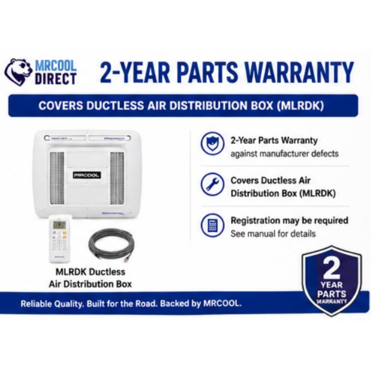 MRCOOL TravelCool MLRDK ductless air distribution box with wireless remote control and controller cable, featuring 2-year parts warranty coverage against manufacturer defects, registration information, and warranty details for the RV ductless ceiling assembly.