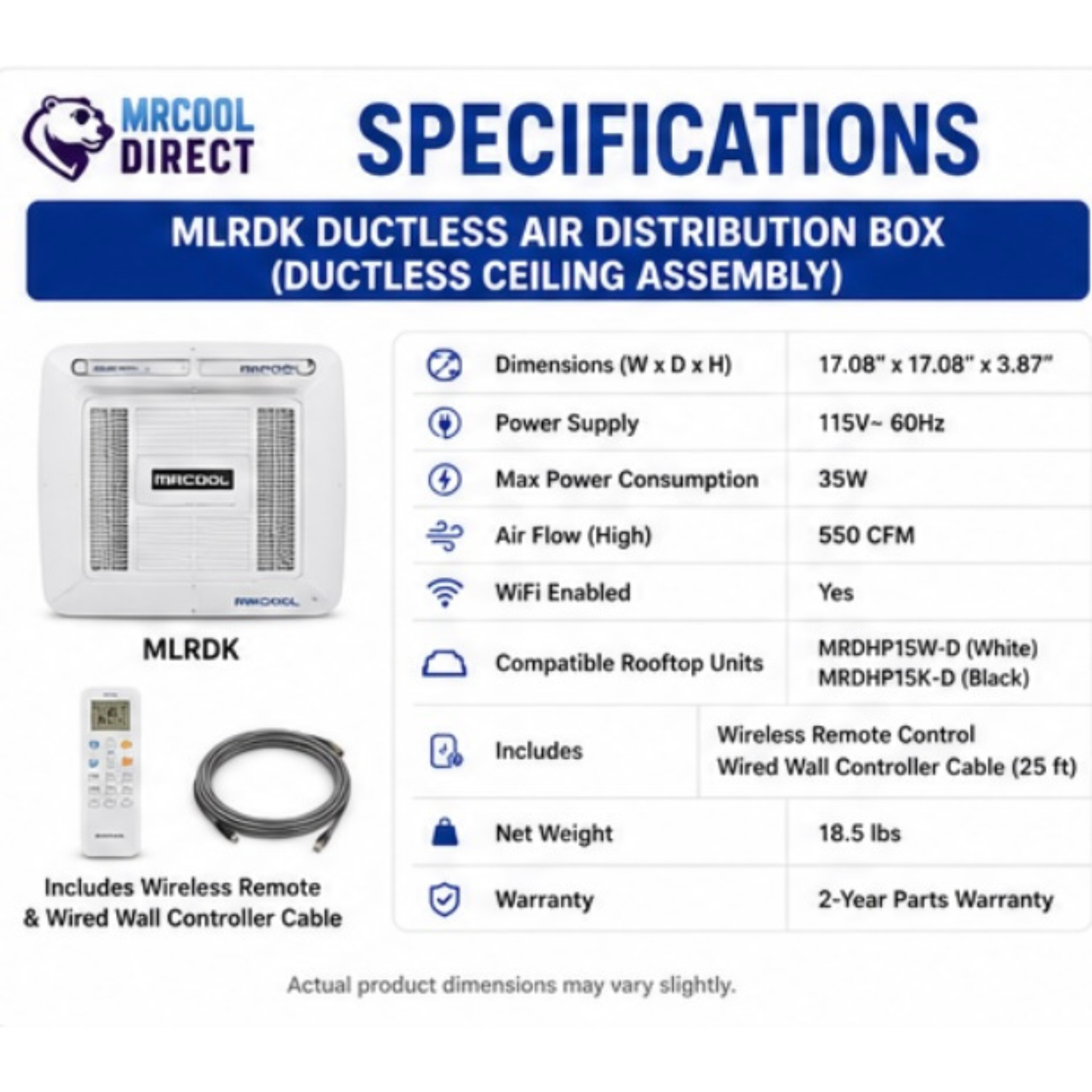 MRCOOL TravelCool MLRDK ductless air distribution box specifications showing dimensions 17.08 x 17.08 x 3.87 inches, 115V power supply, 35W max power consumption, 550 CFM airflow, WiFi enabled, compatible with MRDHP15W-D and MRDHP15K-D rooftop units, includes wireless remote and 25-foot wired wall controller cable, 2-year parts warranty.
