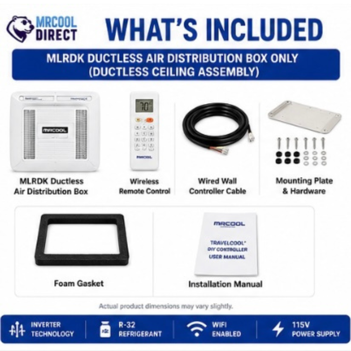 MRCOOL TravelCool MLRDK ductless air distribution box kit contents showing ductless ceiling assembly, wireless remote control, wired wall controller cable, mounting plate and hardware, foam gasket, installation manual, 115V power supply, WiFi enabled, R-32 refrigerant compatibility, and inverter technology for RV rooftop air conditioner systems.