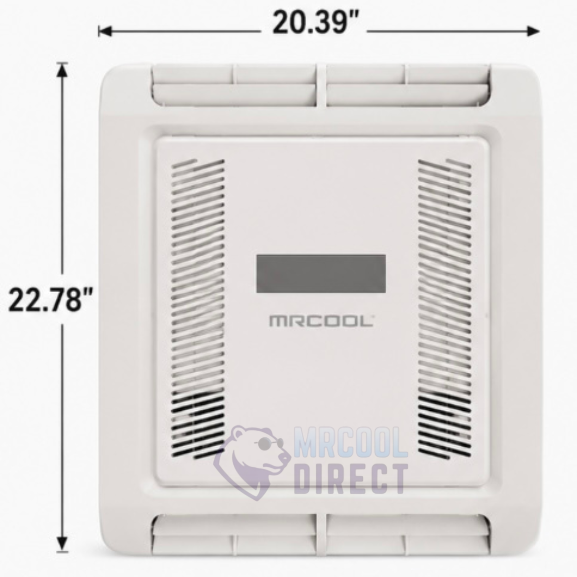 MRCOOL® TravelCool™ MLRDK RV ductless interior air distribution kit dimensions showing a 20.39-inch width and 22.78-inch depth. Low-profile non-ducted ceiling air distribution assembly designed for compatible TravelCool™ rooftop inverter heat pump systems.