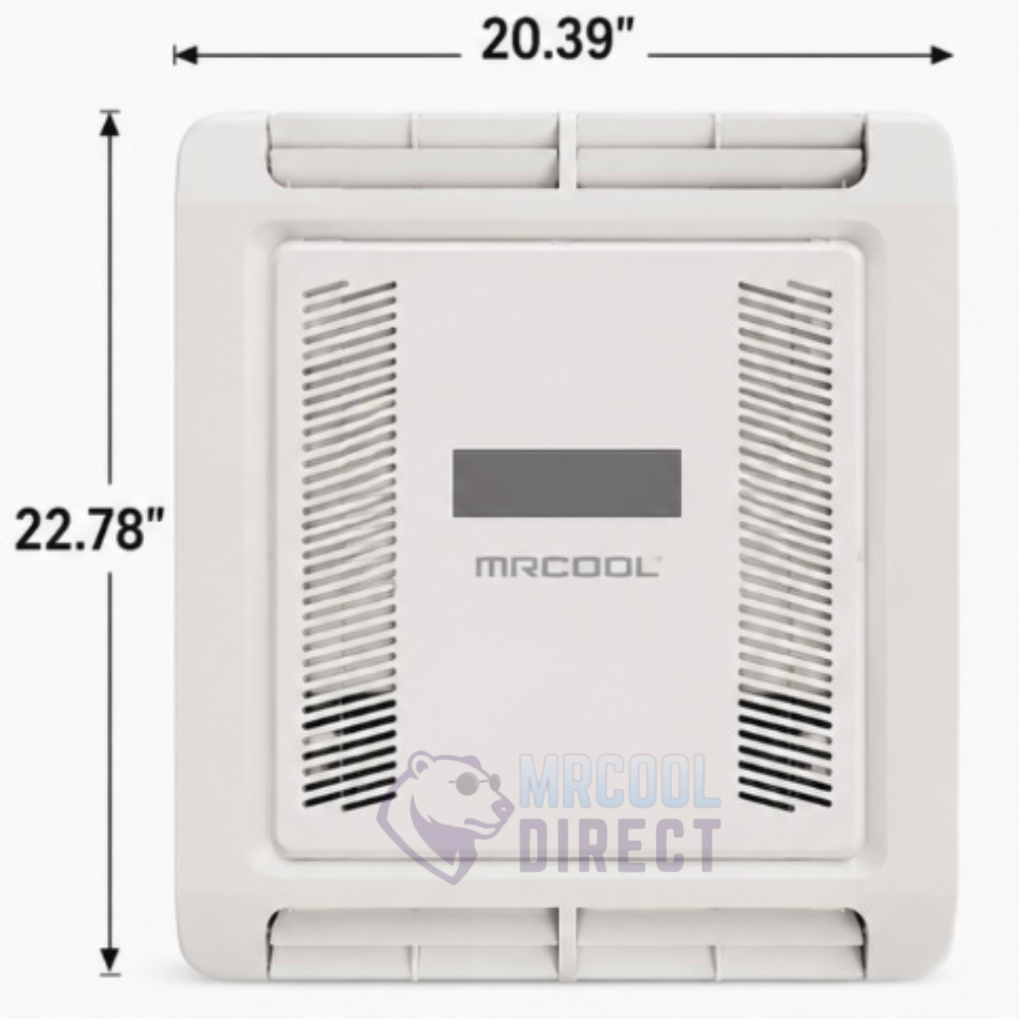 MRCOOL® TravelCool™ MLRDK RV ductless interior air distribution kit dimensions showing a 20.39-inch width and 22.78-inch depth. Low-profile non-ducted ceiling air distribution assembly designed for compatible TravelCool™ rooftop inverter heat pump systems.