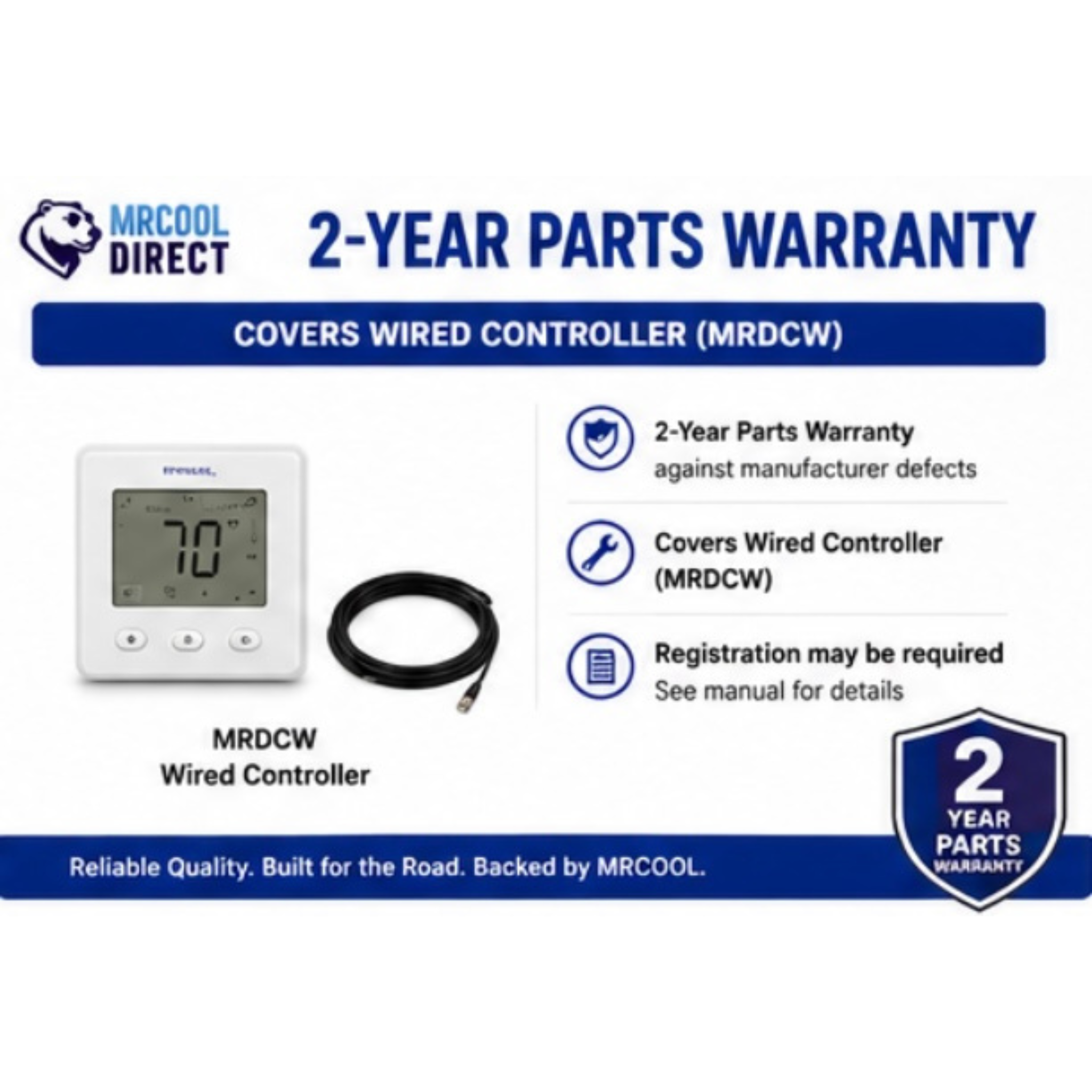 MRCOOL TravelCool MRDCW wired wall controller 2-year parts warranty infographic showing wired thermostat controller with communication cable, manufacturer warranty coverage against defects, registration information, and warranty details for MRCOOL RV inverter heat pump systems.