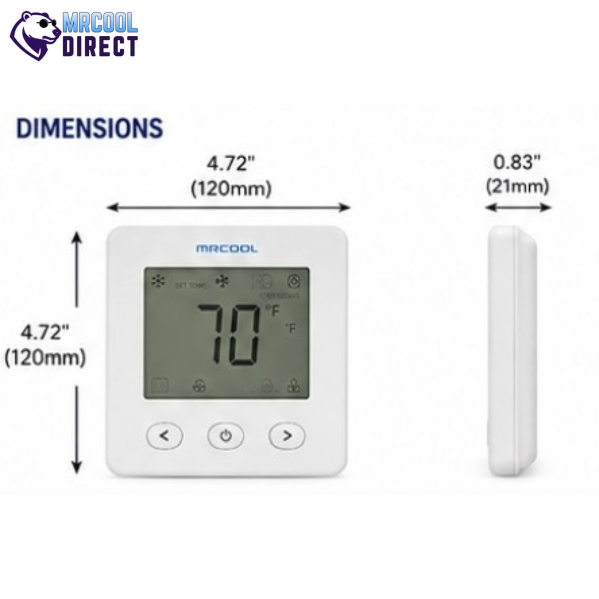 MRCOOL TravelCool MRDCW wired wall controller dimensions showing 4.72 x 4.72 x 0.83 inches (120 x 120 x 21 mm) with front and side views for RV inverter heat pump system installation and mounting reference.