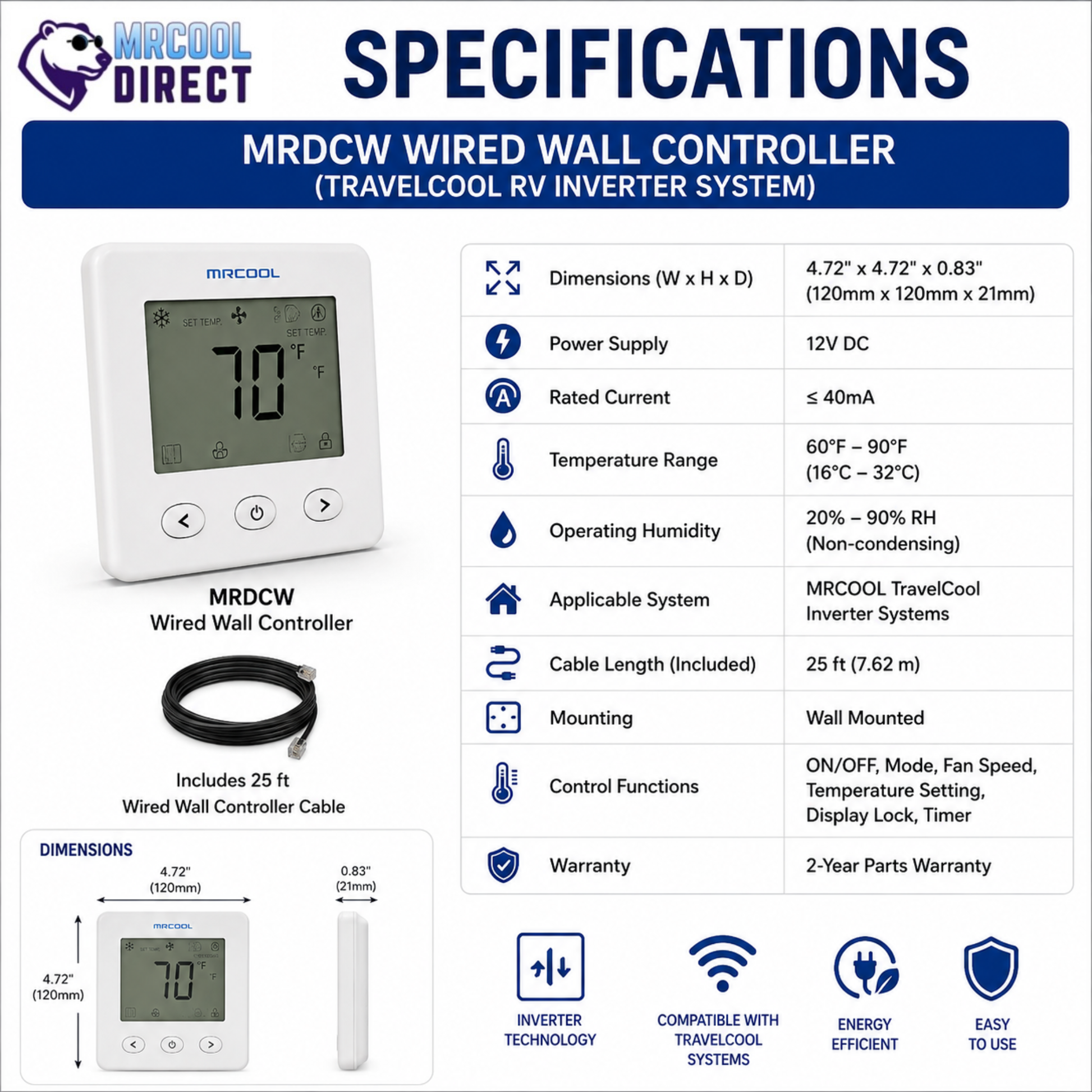 MRCOOL TravelCool MRDCW Wired Wall Controller specification sheet showing dimensions, 12V DC power supply, 25 ft controller cable, operating temperature, humidity range, wall-mounted installation, control functions, and 2-year parts warranty for TravelCool RV inverter heat pump systems.