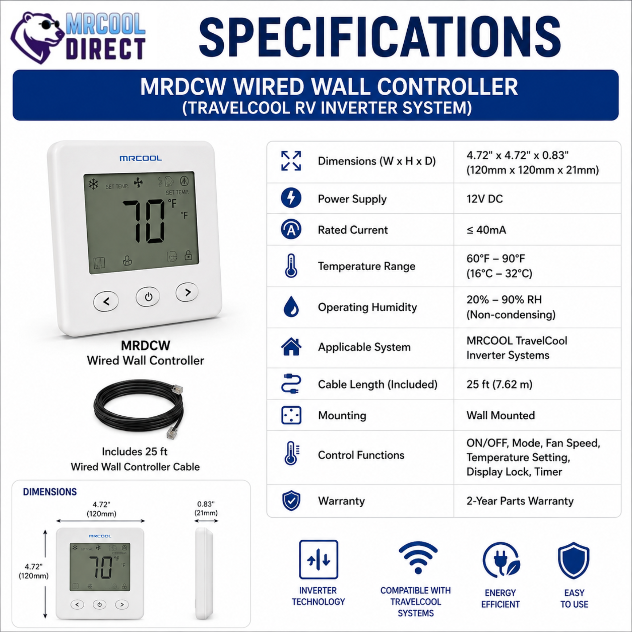MRCOOL TravelCool MRDCW Wired Wall Controller specification sheet showing dimensions, 12V DC power supply, 25 ft controller cable, operating temperature, humidity range, wall-mounted installation, control functions, and 2-year parts warranty for TravelCool RV inverter heat pump systems.