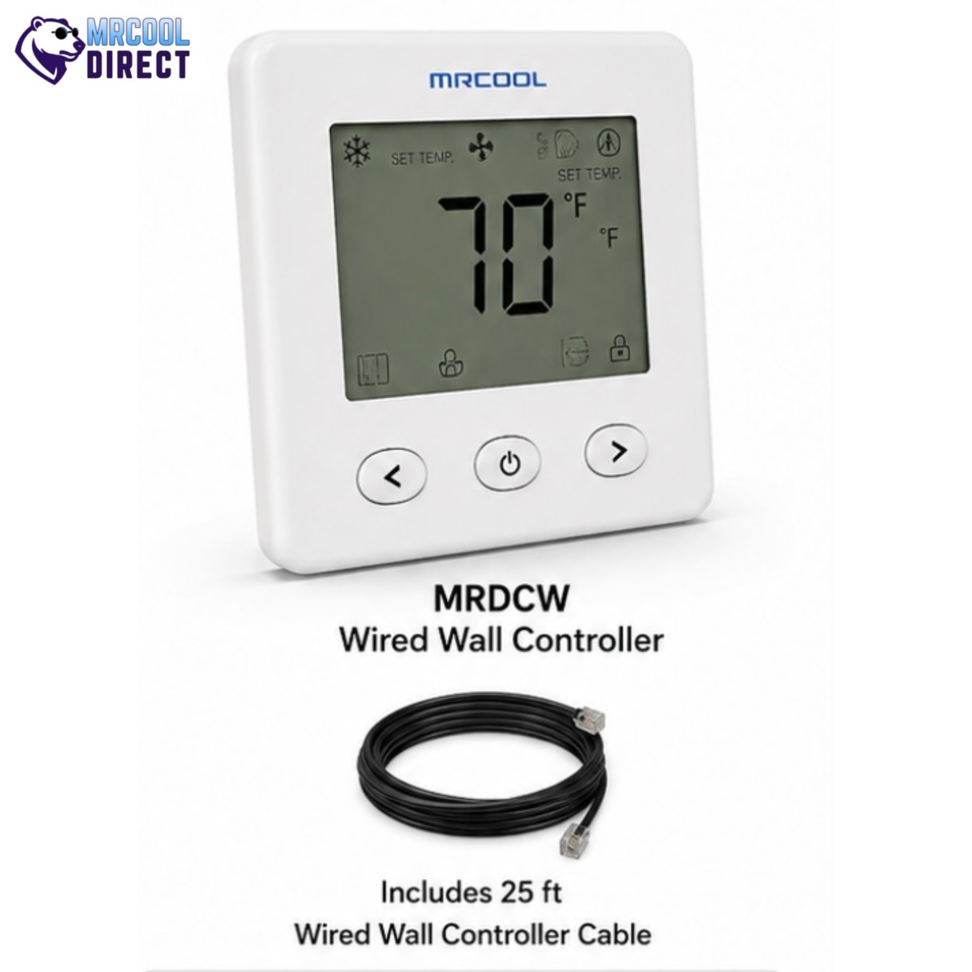 MRCOOL TravelCool MRDCW wired wall controller with included 25 ft communication cable for TravelCool RV inverter heat pump systems. Wall-mounted thermostat controller with digital temperature display for precise heating and cooling control.