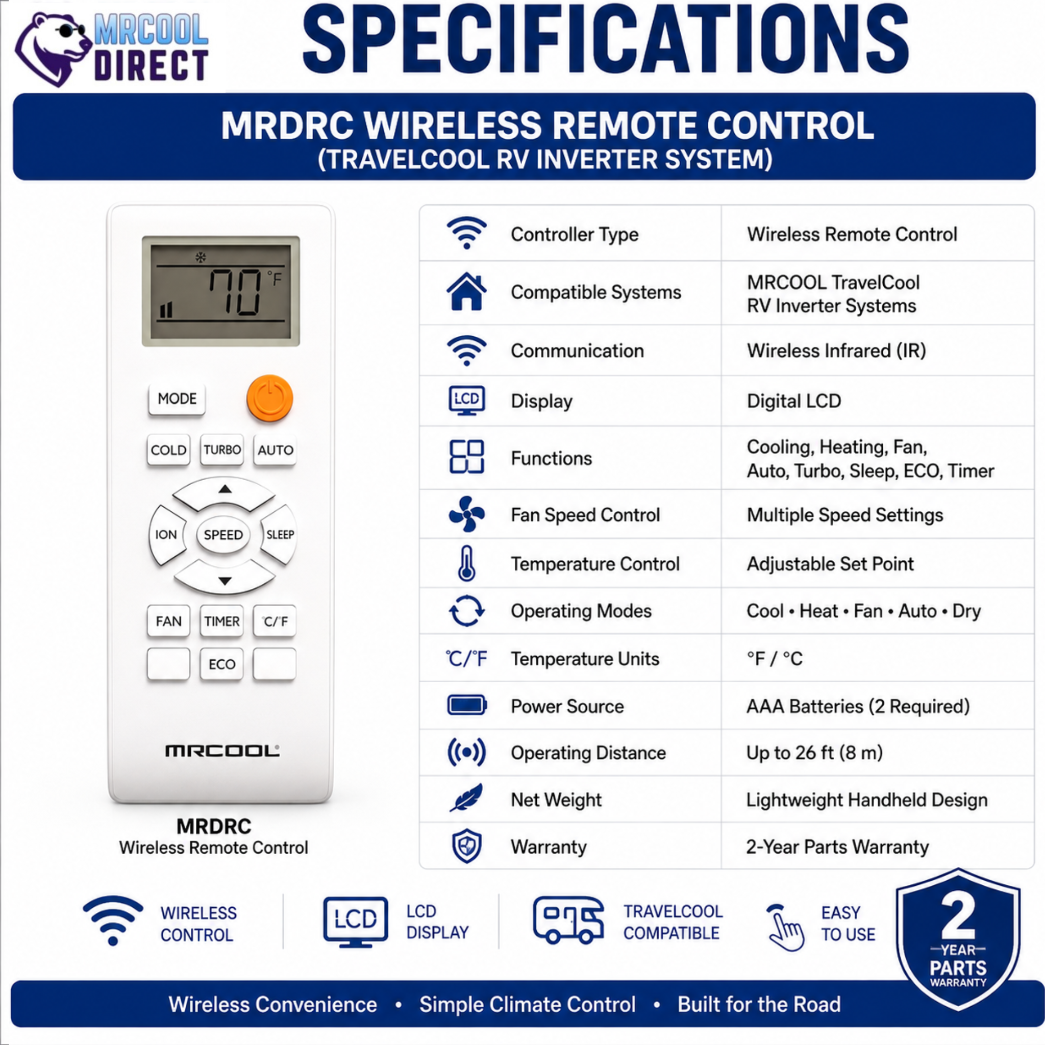 MRCOOL TravelCool MRDRC wireless remote control specification sheet featuring LCD display, wireless infrared communication, cooling, heating, fan, auto, turbo, sleep, ECO and timer functions, AAA battery operation, TravelCool RV inverter system compatibility, and 2-year parts warranty.