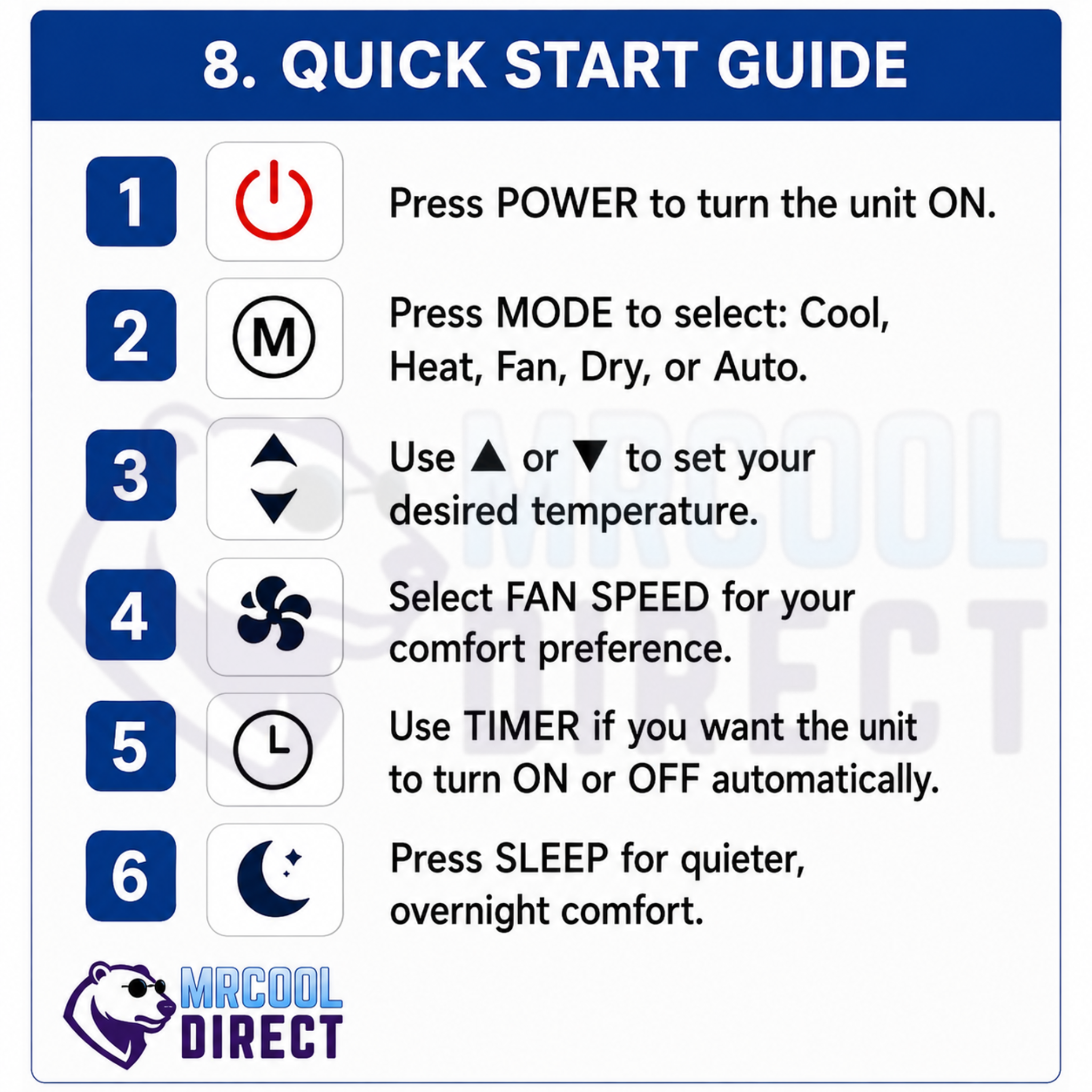 MRCOOL® TravelCool™ quick start guide showing how to power on the RV air conditioner, select Cool, Heat, Fan, Dry or Auto mode, adjust temperature, choose fan speed, set the timer, and use Sleep Mode for overnight comfort.