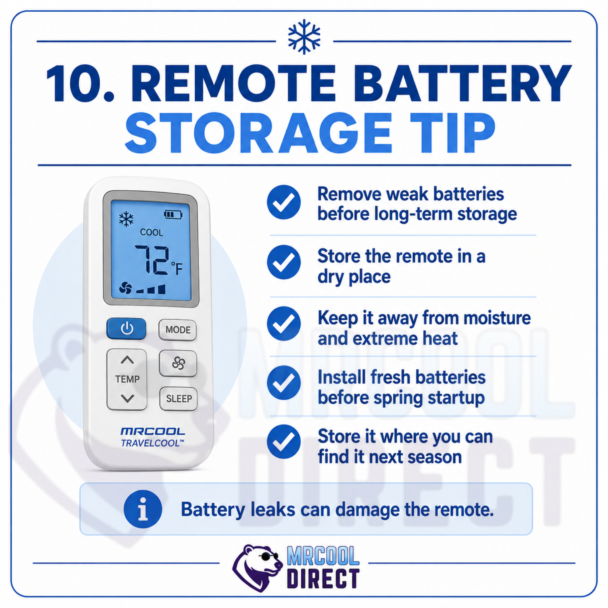 MRCOOL® TravelCool™ remote battery storage tip infographic showing how to remove weak batteries before long-term RV storage, keep the remote dry and away from moisture or extreme heat, install fresh batteries before spring startup, and help prevent battery leakage damage.