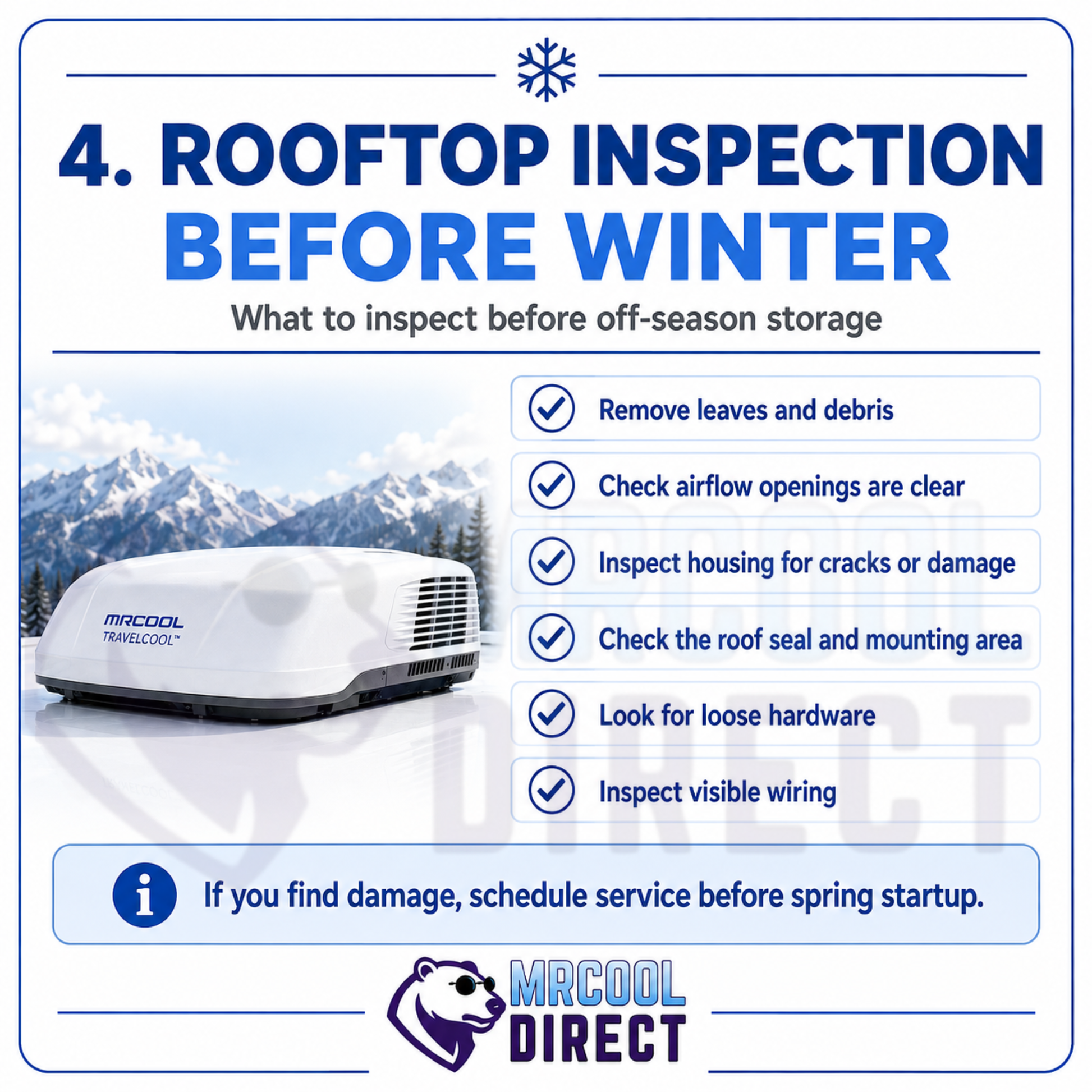 MRCOOL® TravelCool™ rooftop inspection before winter storage infographic showing checks for leaves and debris, clear airflow openings, housing cracks or damage, roof seal and mounting area, loose hardware, visible wiring, and when to schedule service before spring startup.
