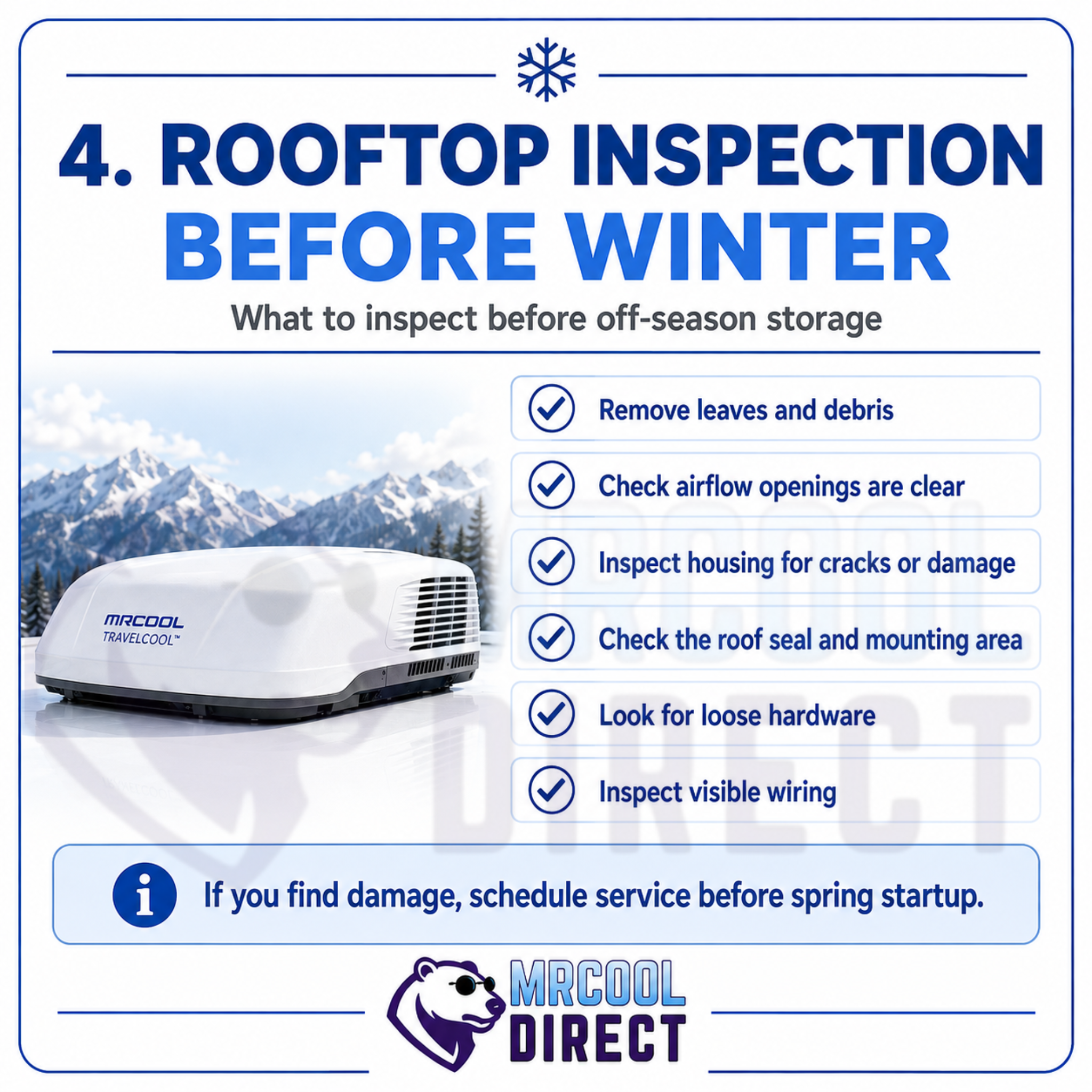 MRCOOL® TravelCool™ rooftop inspection before winter storage infographic showing checks for leaves and debris, clear airflow openings, housing cracks or damage, roof seal and mounting area, loose hardware, visible wiring, and when to schedule service before spring startup.