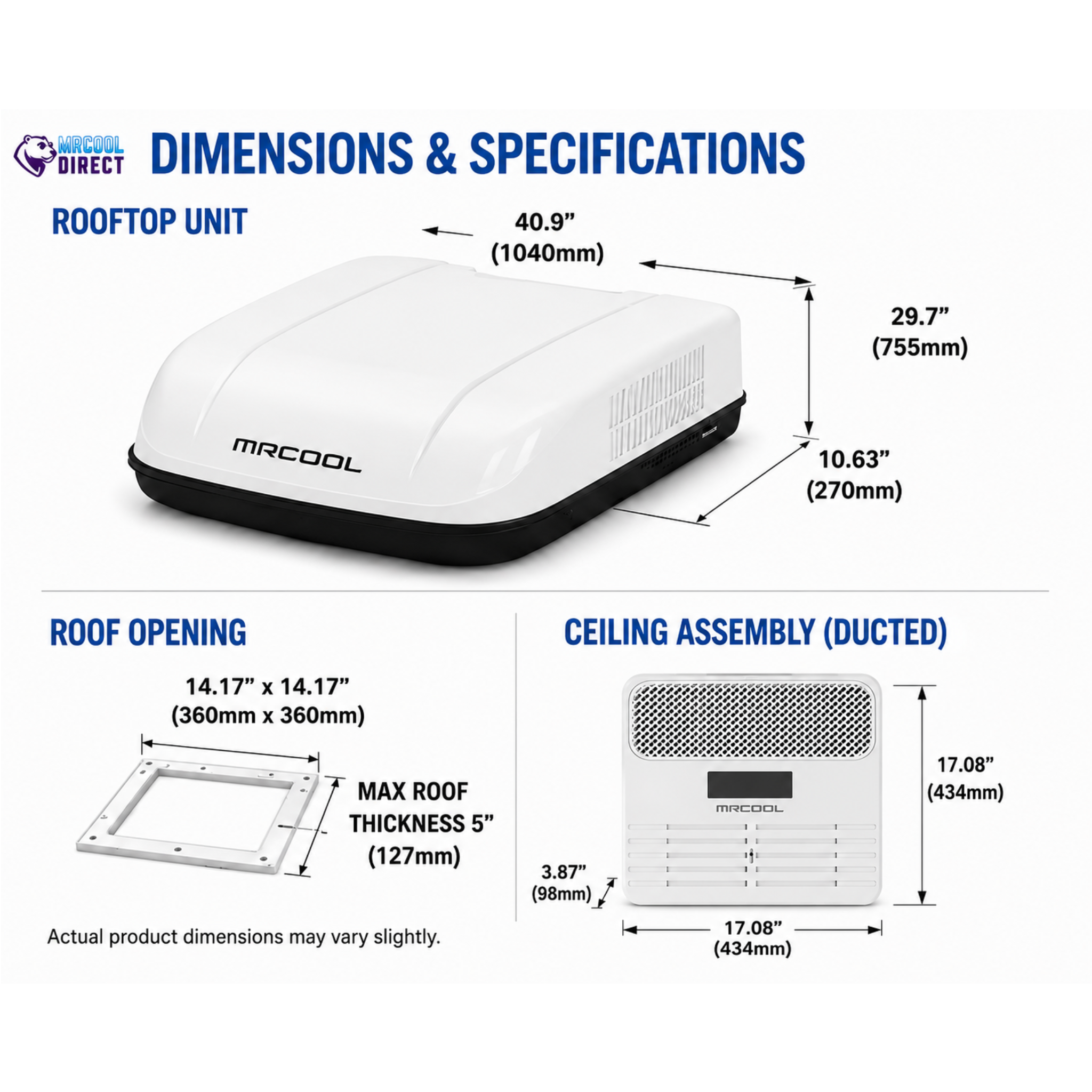 Dimensions and specifications for the MRCOOL TravelCool 15,000 BTU white RV inverter heat pump featuring the MRDHP15W-D rooftop unit, MDRDK ducted ceiling assembly, 14.17 x 14.17 inch roof opening, overall unit dimensions, and installation measurements for RV and camper applications.