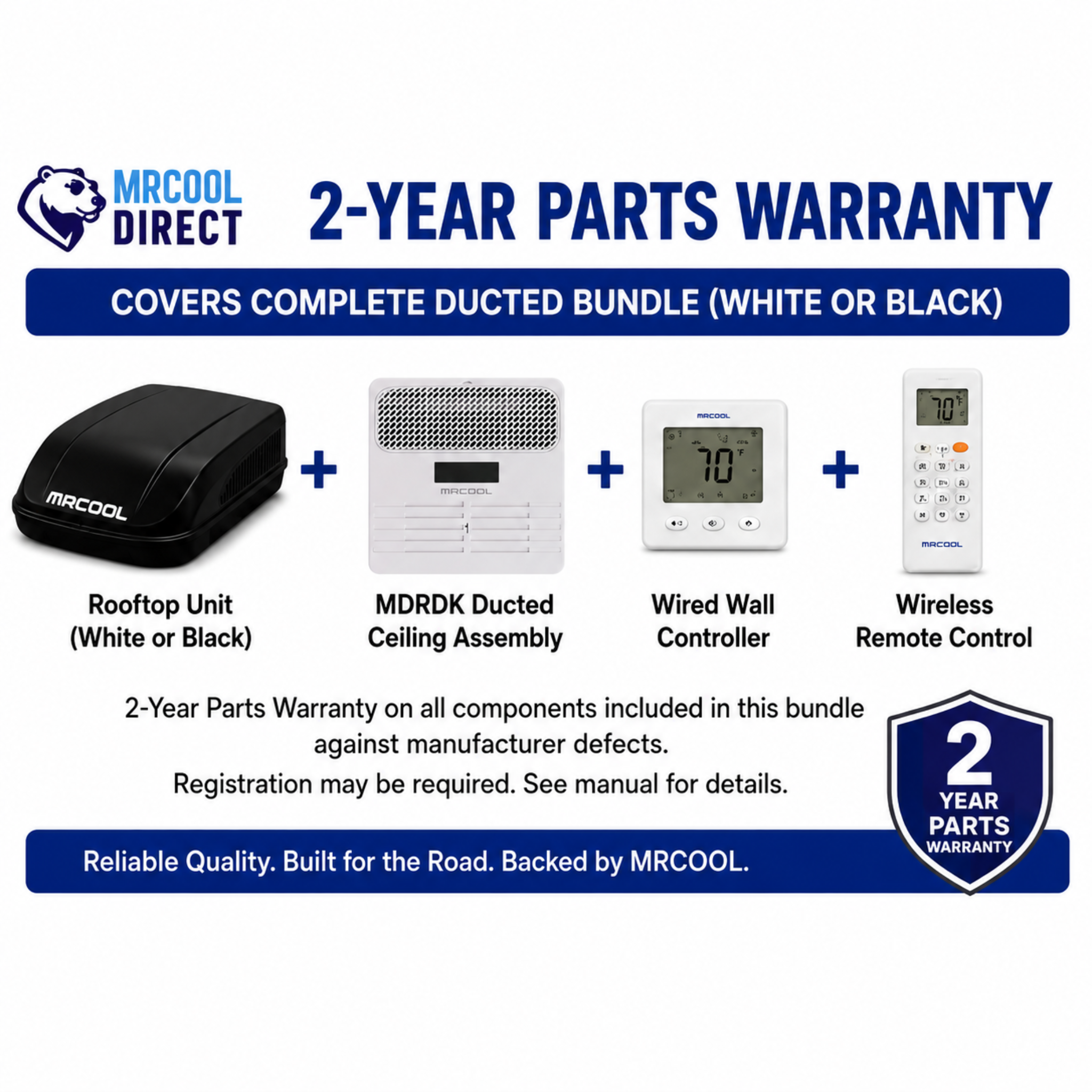MRCOOL TravelCool RV 15,000 BTU ducted inverter heat pump bundle 2-year parts warranty showing black or white rooftop unit, MDRDK ducted ceiling assembly, wired wall controller, wireless remote control, and manufacturer warranty coverage.