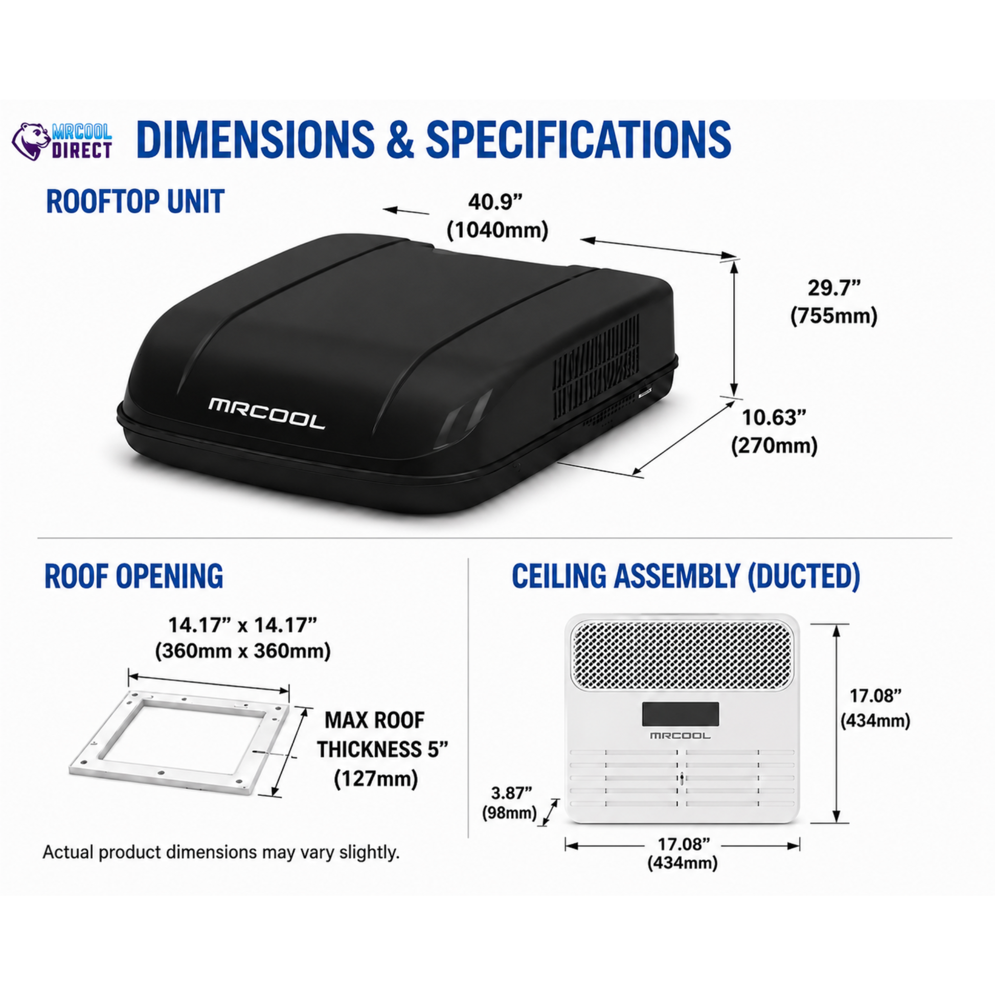 A product dimensions and specifications diagram for the MRCOOL Rooftop Unit, showing the black rooftop unit with measurements, a roof opening diagram, and a ceiling assembly diagram on a white background.