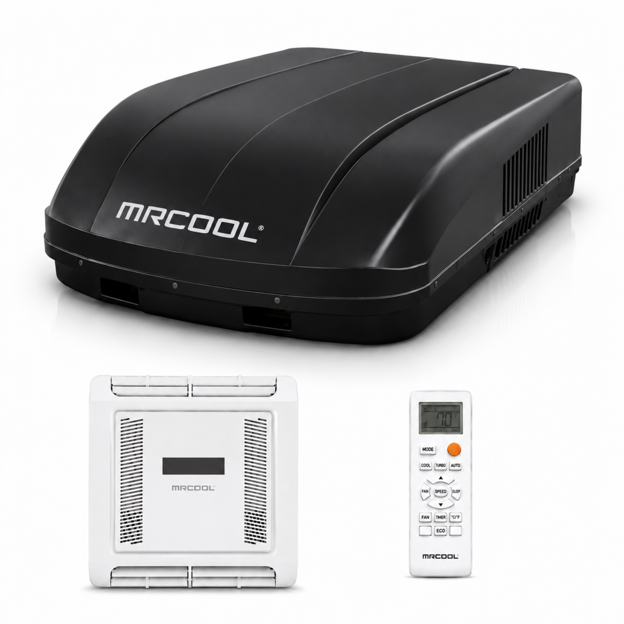 MRCOOL TravelCool 15,000 BTU RV Inverter Heat Pump Ductless Bundle in Black (MRDHP15KD-LCW) featuring the black rooftop unit (MRDHP15K-D), ductless air distribution box (MLRDK), and wireless remote control. 115V WiFi-enabled RV air conditioner and heat pump with inverter technology and R-32 refrigerant for efficient heating and cooling in campers, motorhomes, travel trailers, and RVs.