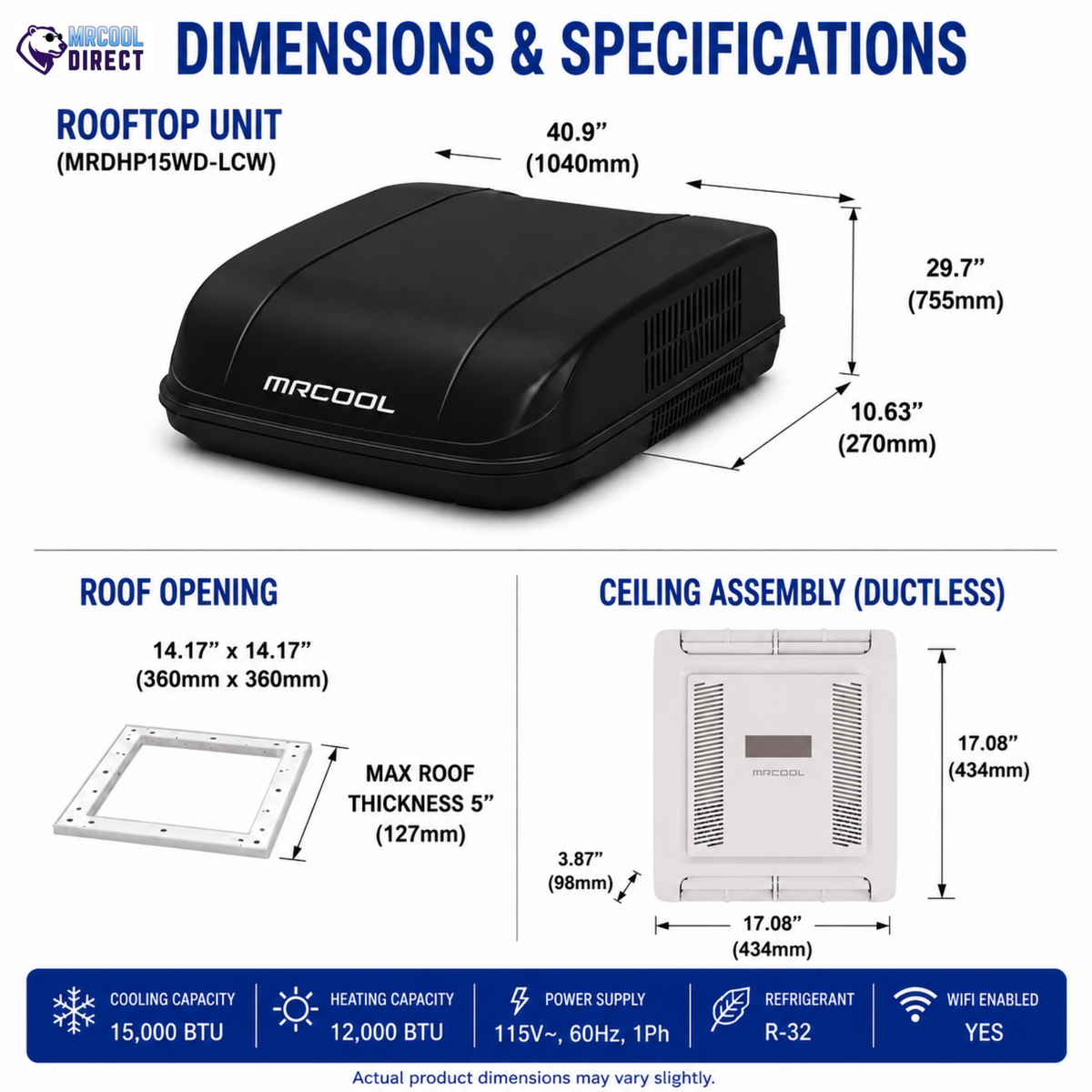 MRCOOL TravelCool 15,000 BTU RV inverter heat pump bundle dimensions and specifications for model MRDHP15WD-LCW featuring the black rooftop unit dimensions, ductless ceiling assembly dimensions, standard 14.17 x 14.17 inch RV roof opening, 5-inch maximum roof thickness, 115V power supply, R-32 refrigerant, WiFi connectivity, 15,000 BTU cooling capacity, and 12,000 BTU heating capacity for motorhomes, campers, travel trailers, and fifth wheels.