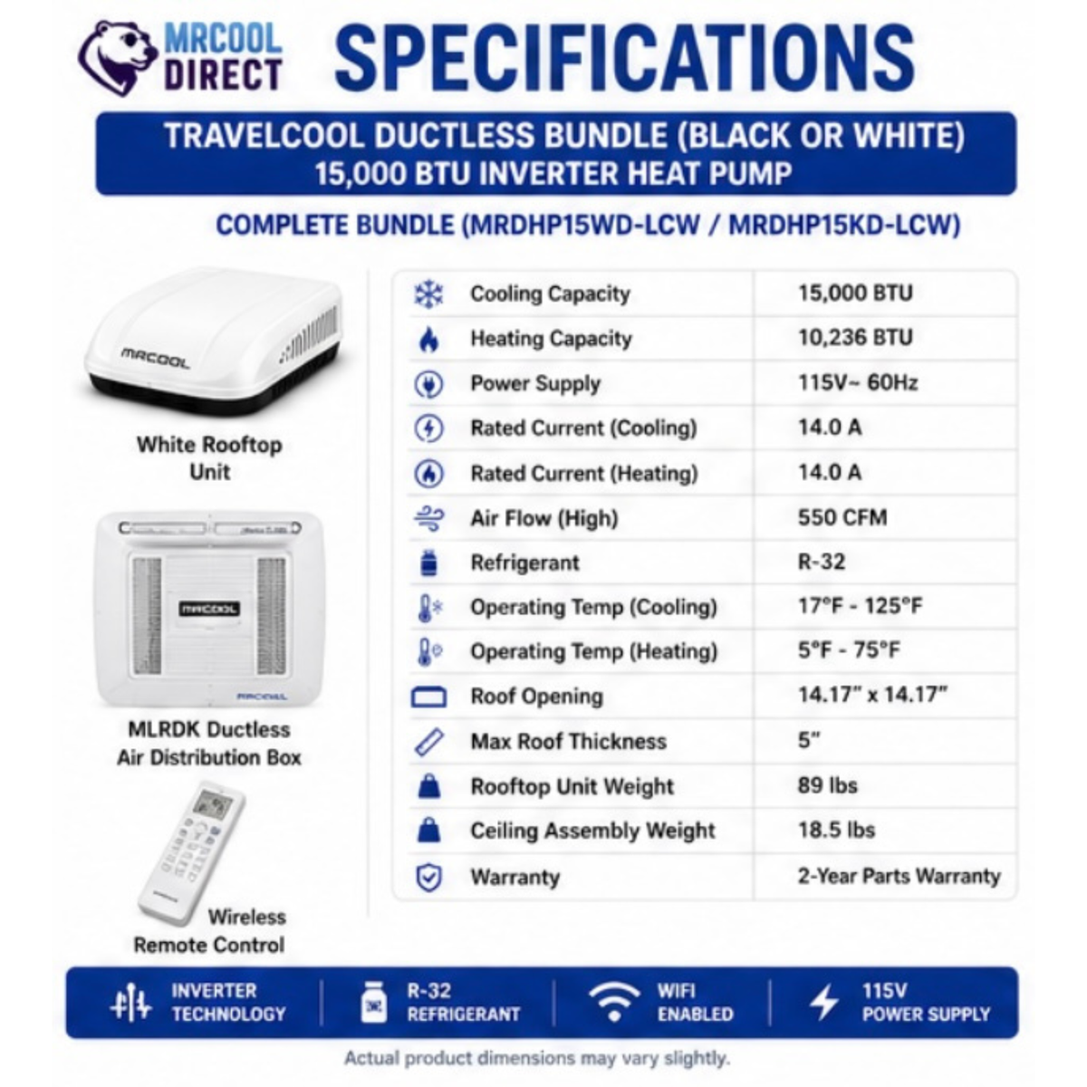 MRCOOL TravelCool RV ductless bundle specifications for the 15,000 BTU inverter heat pump, featuring the MRDHP15WD-LCW and MRDHP15KD-LCW complete bundles with MLRDK ductless air distribution box, wireless remote, cooling and heating capacity, electrical requirements, dimensions, operating temperatures, refrigerant, weight, and 2-year parts warranty.