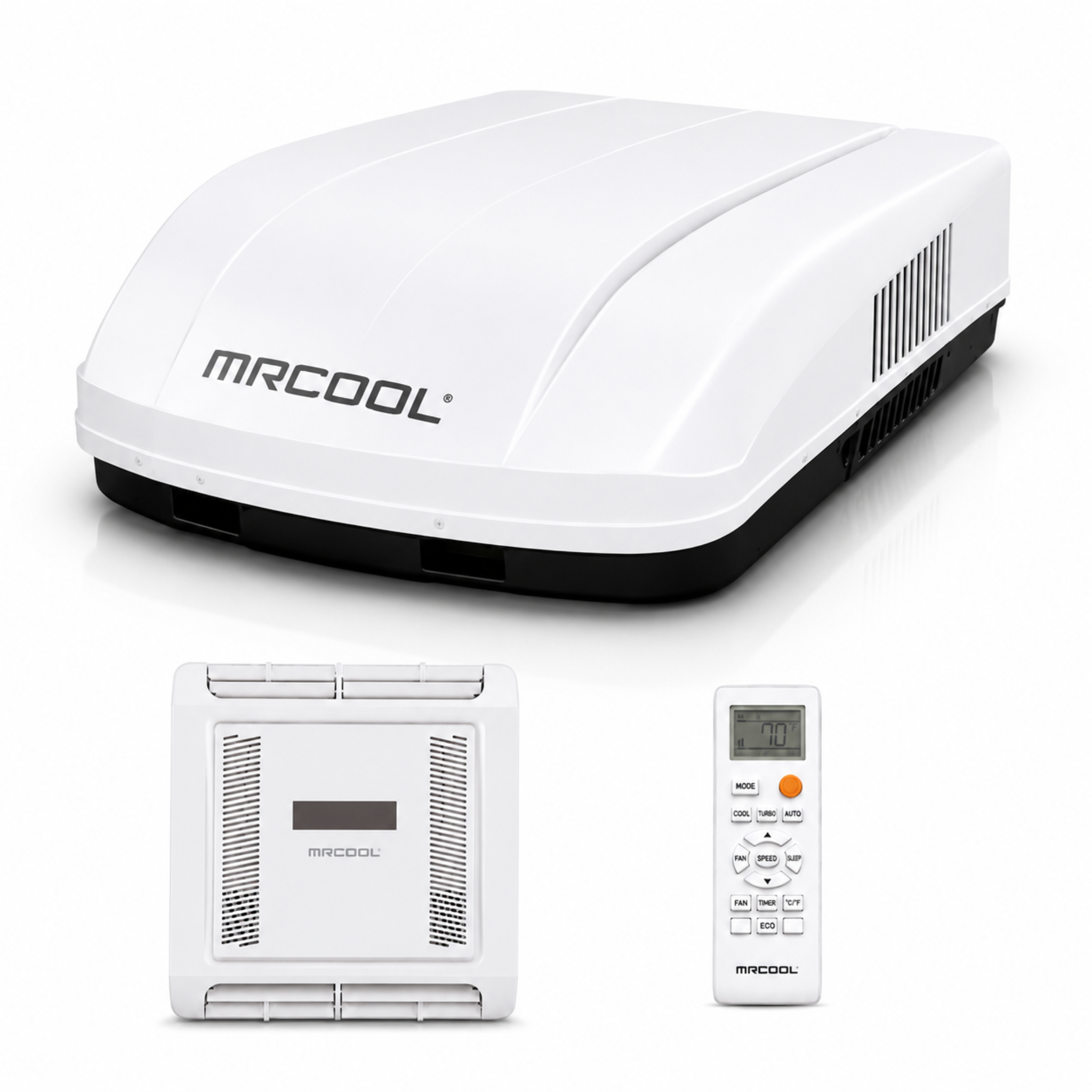 MRCOOL TravelCool 15,000 BTU RV Inverter Heat Pump Ductless Bundle in White (MRDHP15WD-LCW) featuring the white rooftop unit (MRDHP15W-D), ductless air distribution box (MLRDK), and wireless remote control. 115V WiFi-enabled RV air conditioner and heat pump with inverter technology and R-32 refrigerant for campers, travel trailers, fifth wheels, motorhomes, and RVs.