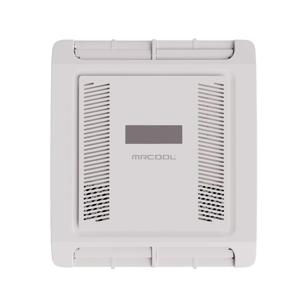 MRCOOL® TravelCool™ RV ductless interior air distribution kit ceiling assembly for compatible TravelCool™ inverter rooftop heat pump systems, featuring a low-profile non-ducted ceiling design with adjustable airflow louvers, integrated controls, WiFi compatibility, and modern RV interior styling, Model MLRDK.