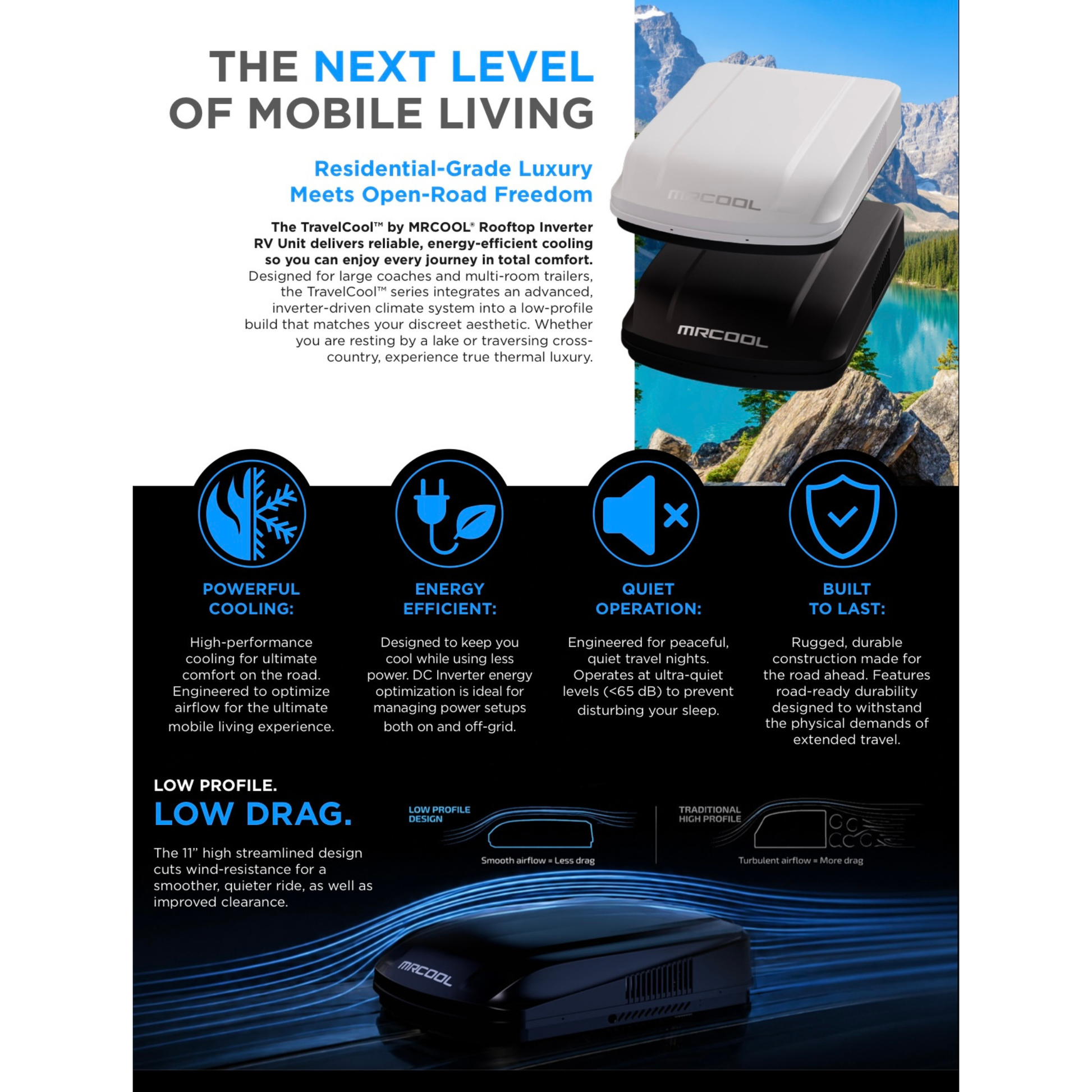 MRCOOL® TravelCool™ RV Inverter Heat Pump feature infographic showcasing residential-grade comfort, powerful cooling, energy-efficient DC inverter technology, ultra-quiet operation, rugged road-ready durability, and a low-profile aerodynamic rooftop design. Compatible with MRCOOL® TravelCool™ 15,000 BTU rooftop systems in black and white for campers, motorhomes, fifth wheels, travel trailers, toy haulers, and RV conversions.